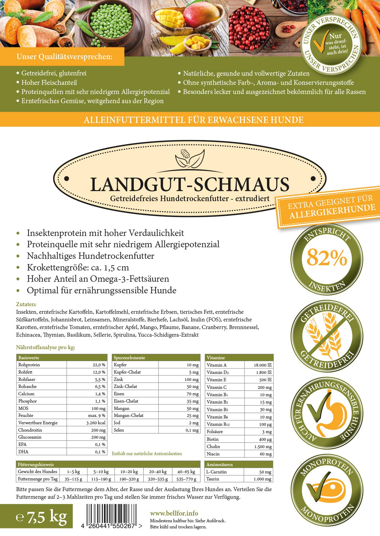 Bellfor Landgut-Schmaus Hypoallergenes Trockenfutter mit Insekten Getreidefrei - 7,5 kg, Hoher Anteil an Omega-3-Fettsäuren, für Hunde mittlerer Größe.