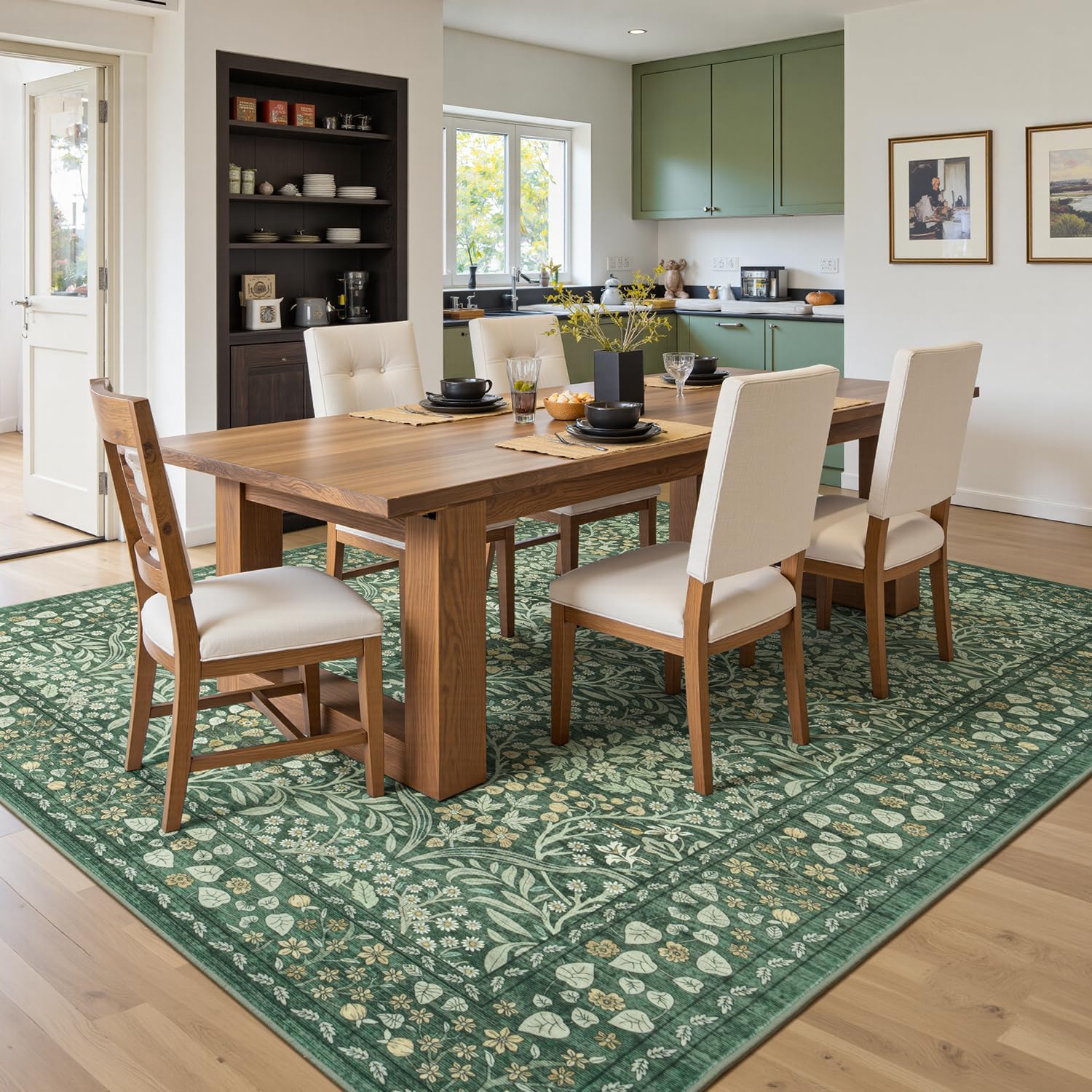 Lofus Green Rug 8x10, Washable Large Living Room Area Rugs Non Slip Low Pile, Boho Floral Carpet for Kitchen Bedroom Dining Room Nursery Home Office, Vintage Farmhouse Forest-Themed Area Rugs