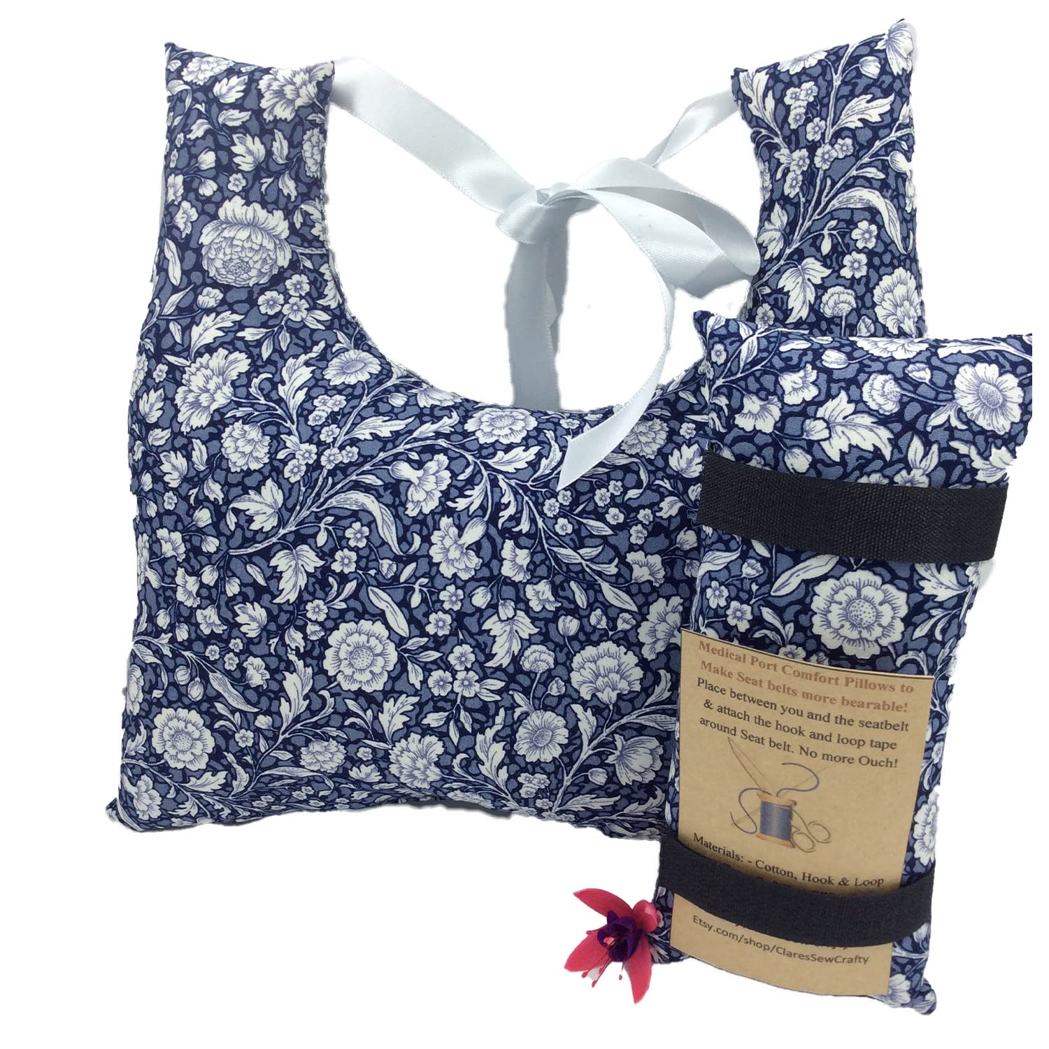 VARIOUS Patterns 10"x9" Underarm Single Mastectomy Lumpectomy Augmentation Gift Set +6" Seatbelt Pad, Breast Cushion Pillow SLNB Top Surgery (NAVY FLORAL) — image 1