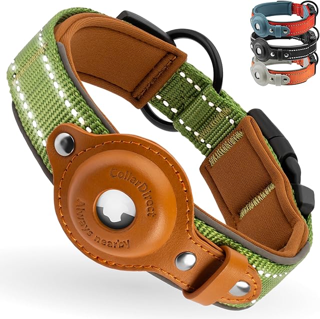Airtag Dog Collar, CollarDirect, Reflective Dog Collar for Apple Air Tag for Large, Medium, and Small Dogs, Green, Size M