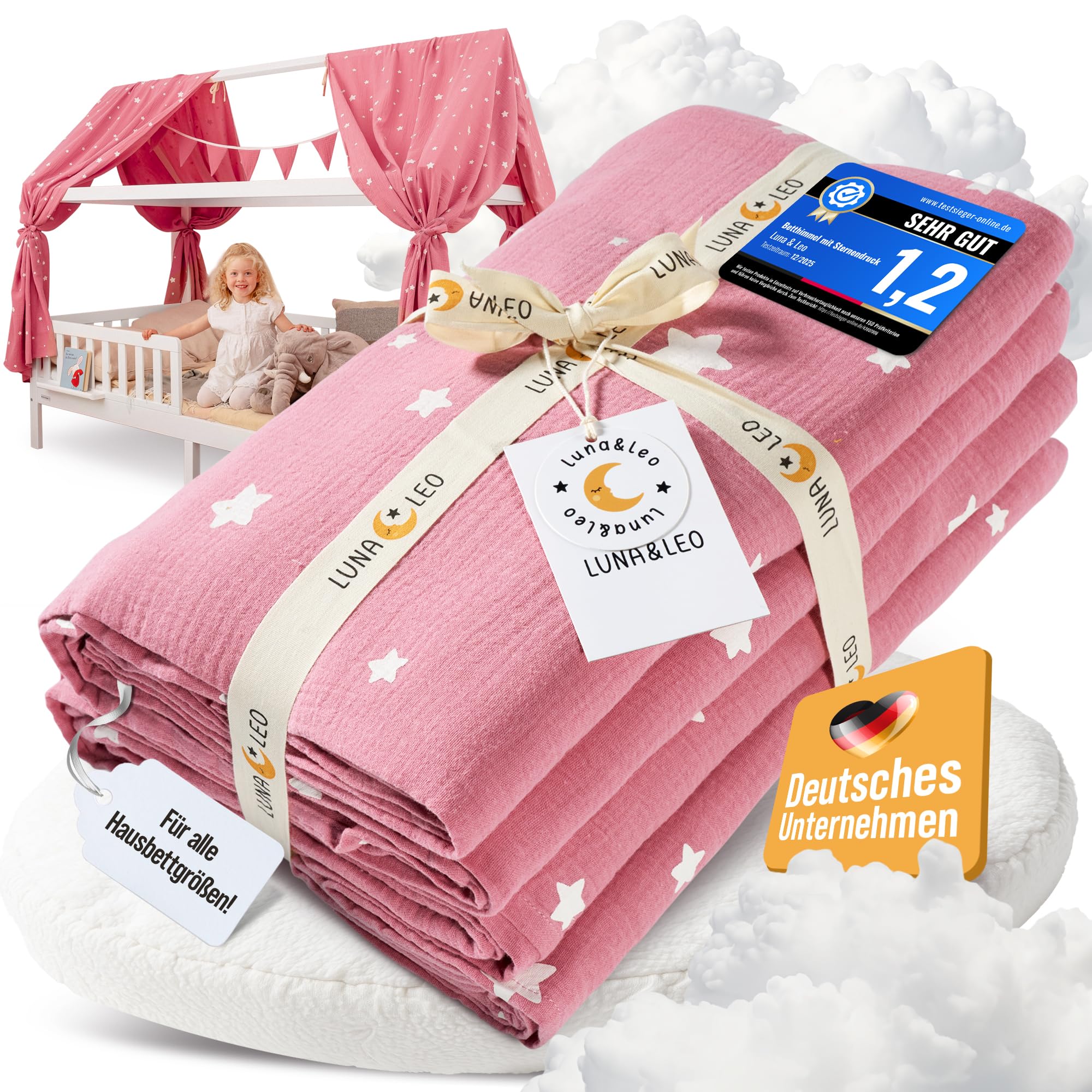 Luna & Leo Hausbett Himmel 3-TLG - mit Sternendruck *TESTSIEGER 2025* [Bio Musselin Baumwolle] Handmade | Himmelbett Vorhänge Betthimmel Deko (Altrosa, 2er Set 320 x 130cm + Wimpelkette)