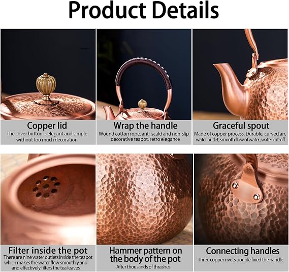 Copper Tea Kettle for Stovetop: Handmade Solid Copper Pot without Coating, Extra Thick Stove Top Tea Kettle Teapot, Hammered Teapot for Stovetop (1200ML)