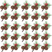 Noverlife 25 PCS Mini Artificial Pine Picks with Red Berries & Natural Pinecones, Christmas Evergreen Pine Sprigs and Holly Berries, Faux Pine Needles for Festival Xmas Decorations Table Centerpiece