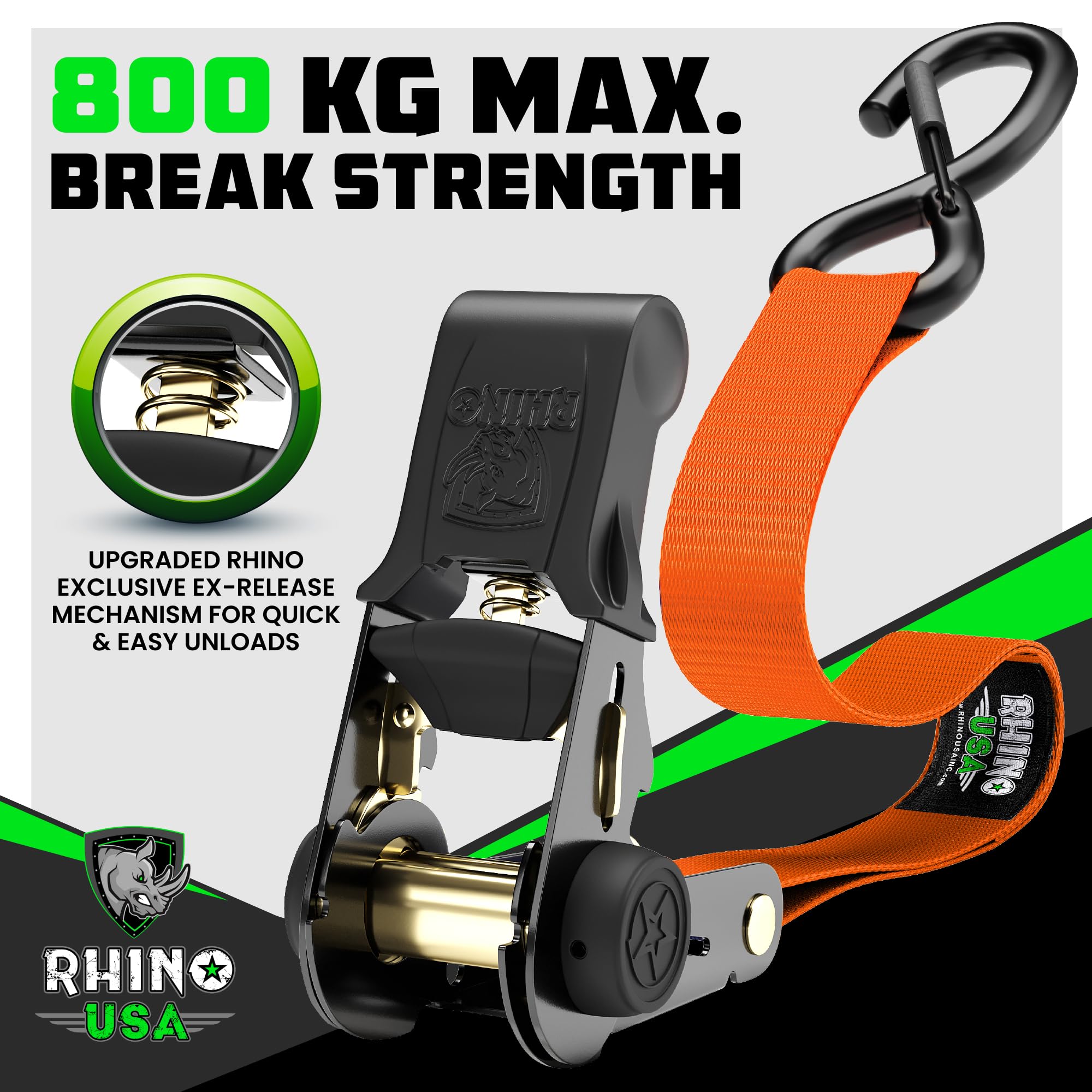 Rhino USA Ratchet Straps Tie Downs (4-Pack), 2.5cm x 4.6m (800kg Break Strength) - Image 2