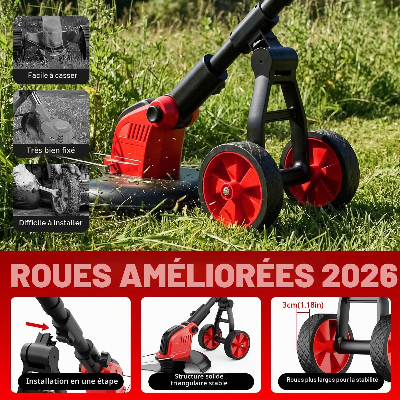 Débroussailleuse à Batterie 12 Pouces avec Roue, 20000 TR/Min, Coupe Bordure sans Fil avec 2 Batterie 3.0Ah, 4 Types De Lames, Moteur sans Balais, Poignée Réglable pour Jardin, Pelouse