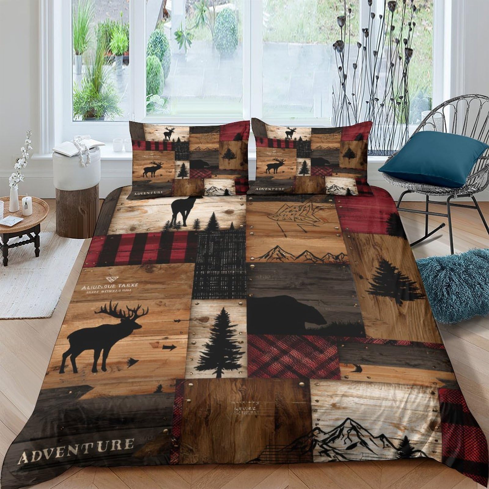 Ctjqhvkz Style-5 3D Printed Rustic Moose Fitted Sheet Microfiber Lodge Plaid Mattress Cover For Bedroom Cabin Dorm Decor Protection Single（135X200cm）
