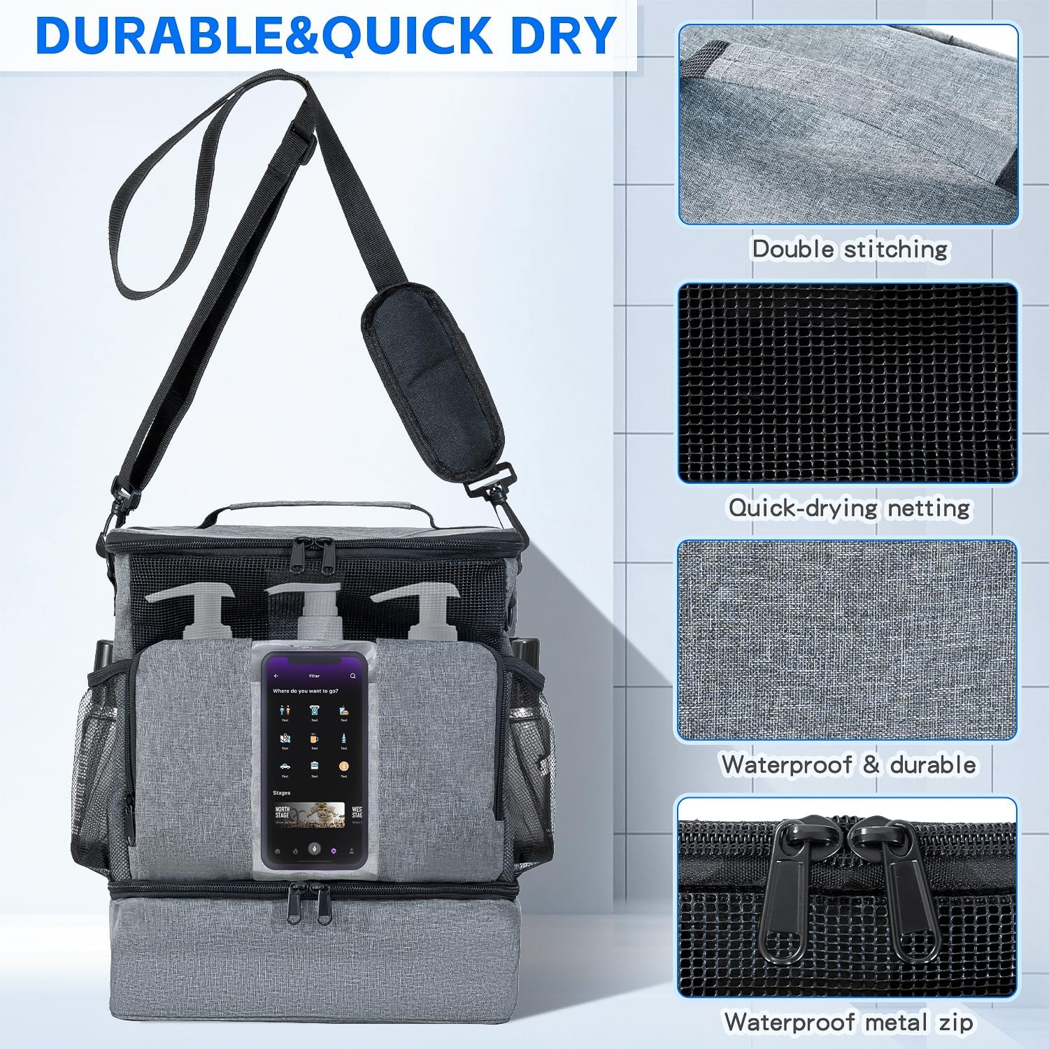 Grey Portable Mesh Shower Organizer – Hanging Toiletry Bag with Handles & Strap, Quick-Dry for Bathroom, Gym, Travel, Camping & College Dorms