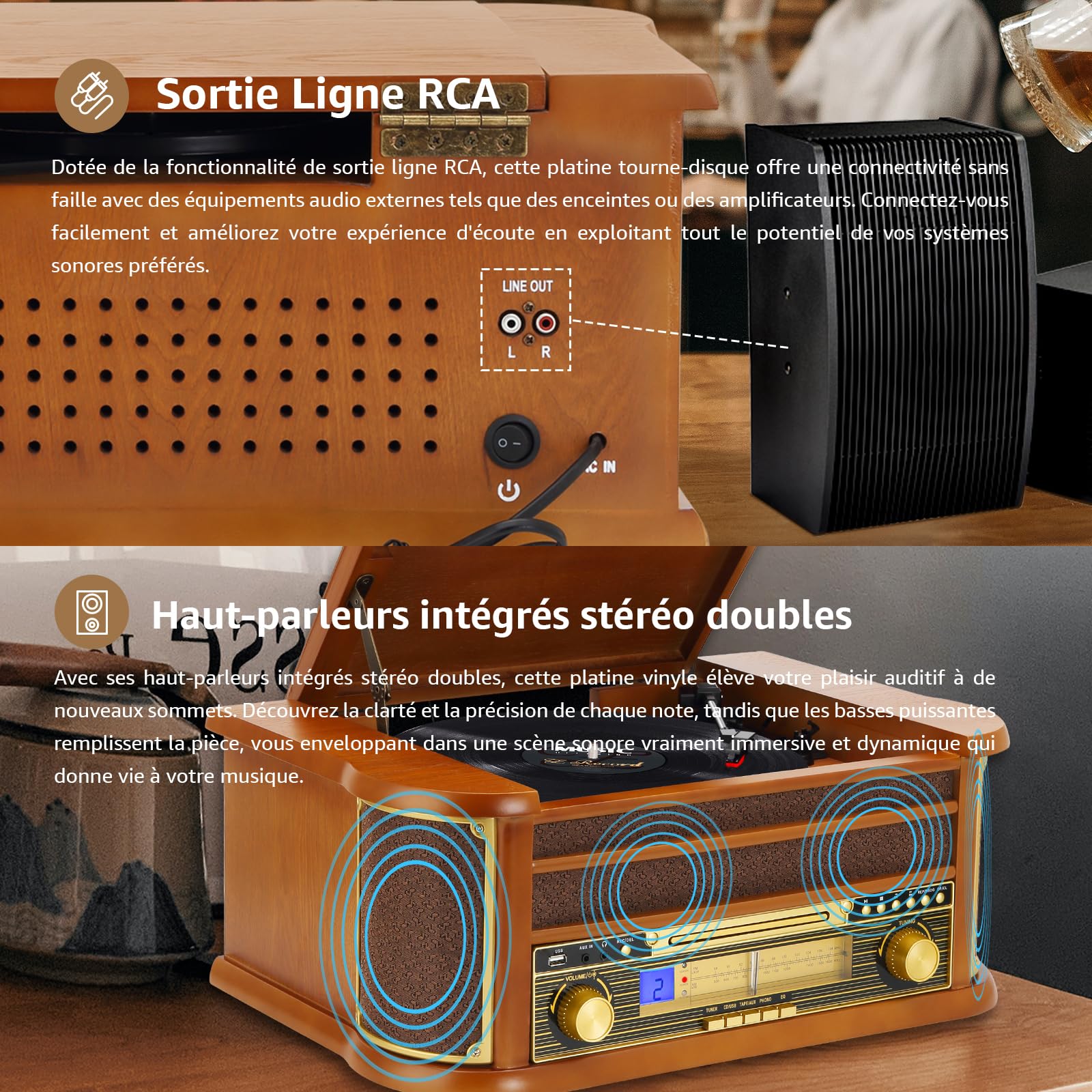 Platine Vinyle sans Fil Bluetooth à 3 Vitesses avec Haut-parleurs stéréo intégrés, phénographe Radio AM/FM avec Prise 3.5mm, CD/Cassette, AUX-in/RCA-Out, Lecture USB