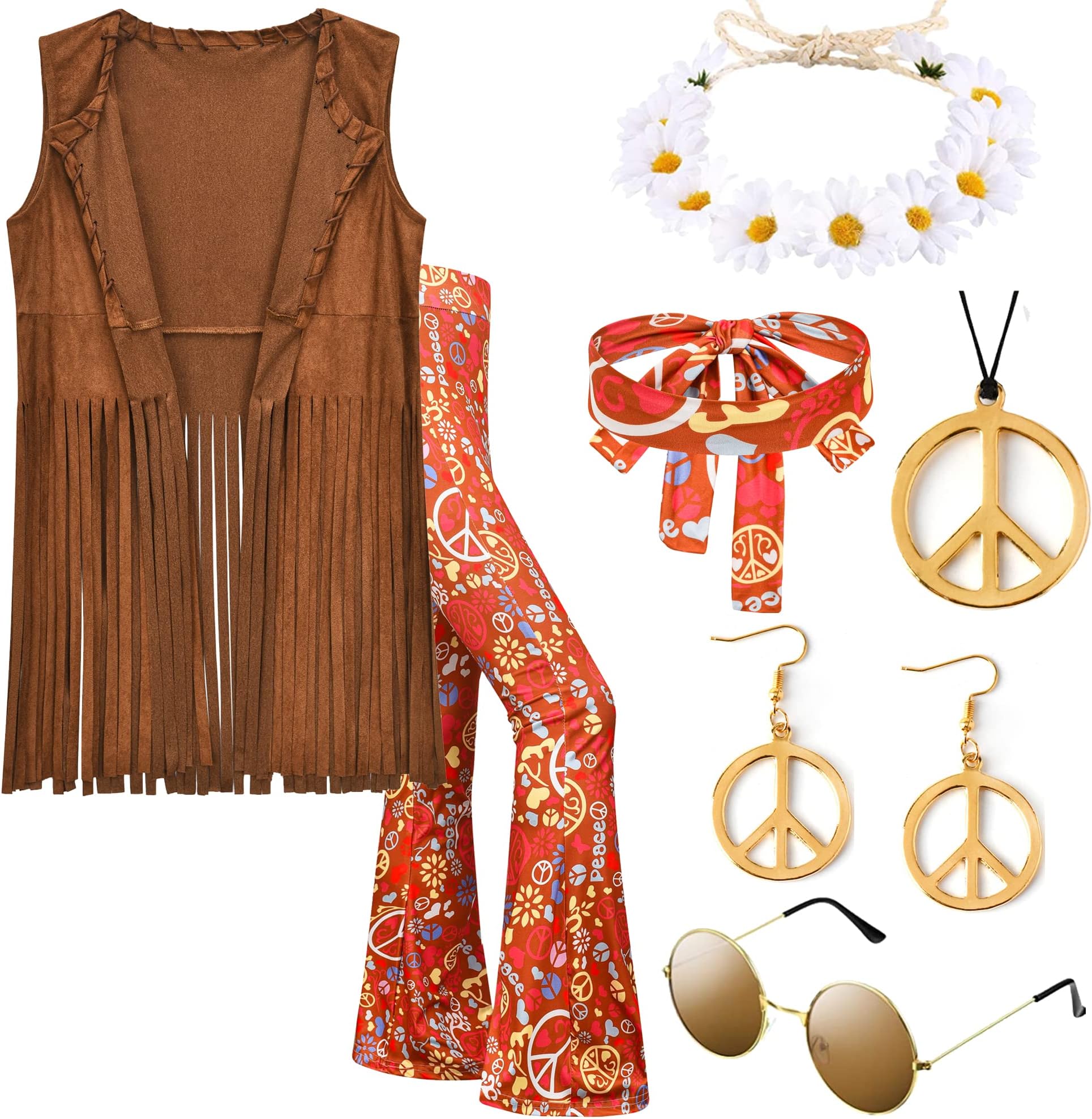 Hippie Costume Women,70s Outfits Hippy Clothes Accessories,60s Decades Pants,Glasses,Flower Crown Headbands,Fringe Vest,Earrings,Necklaces Accessories for Halloween,2-L