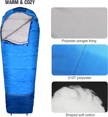 Vista 12 de Redcamp - Saco de dormir para niños, para acampada, 32 a 77 grados, 3 estaciones, clima cálido o frío, para niños, niñas y adolescentes, color azul