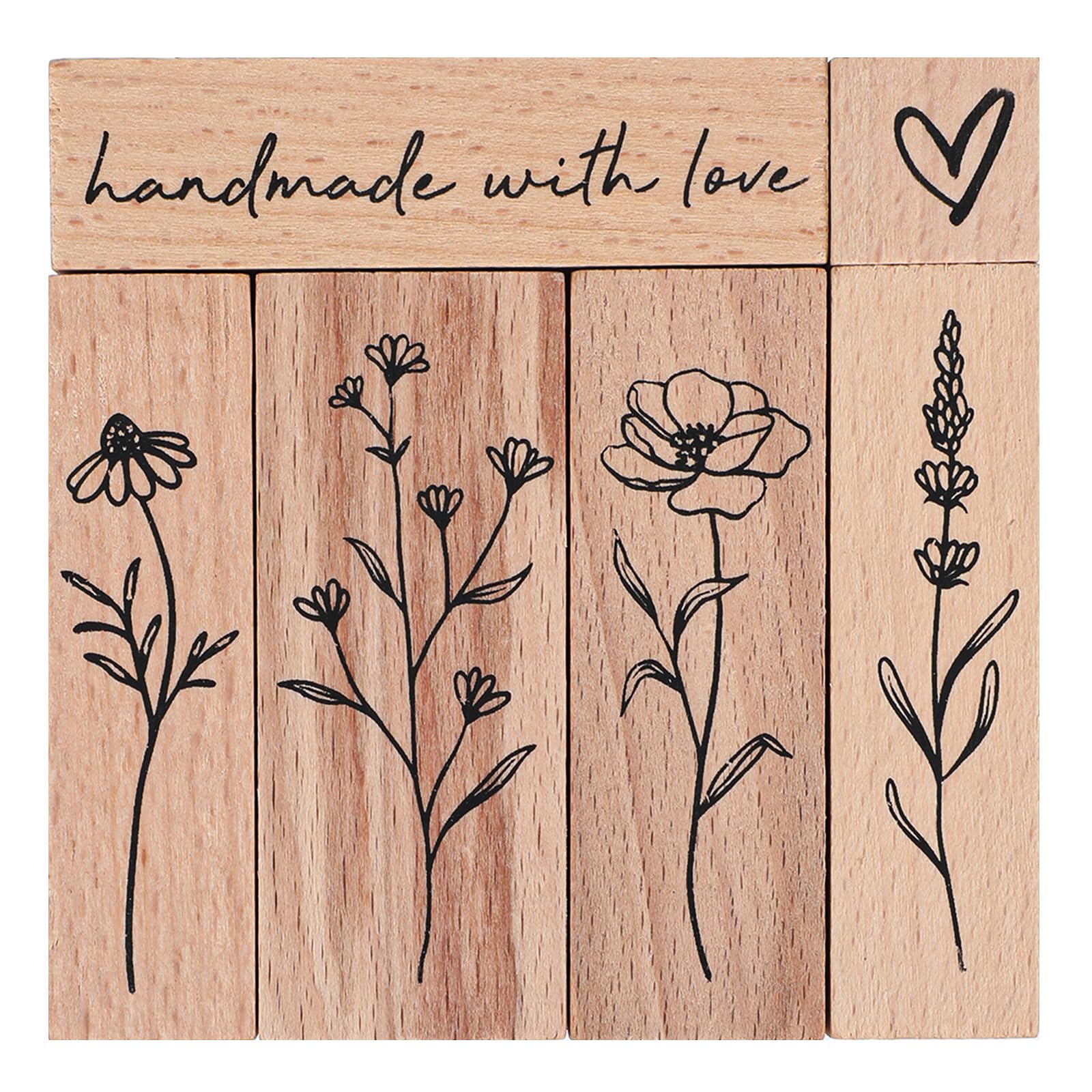 6Pcs Wooden Rubber Stamp Set, Vintage Rubber Stamps for Crafting, Heart, Plant Flowers, Handmade with Love Journal Stamps for Arts & Crafts, Stationary, Scrapbooking, School Projects, Journals