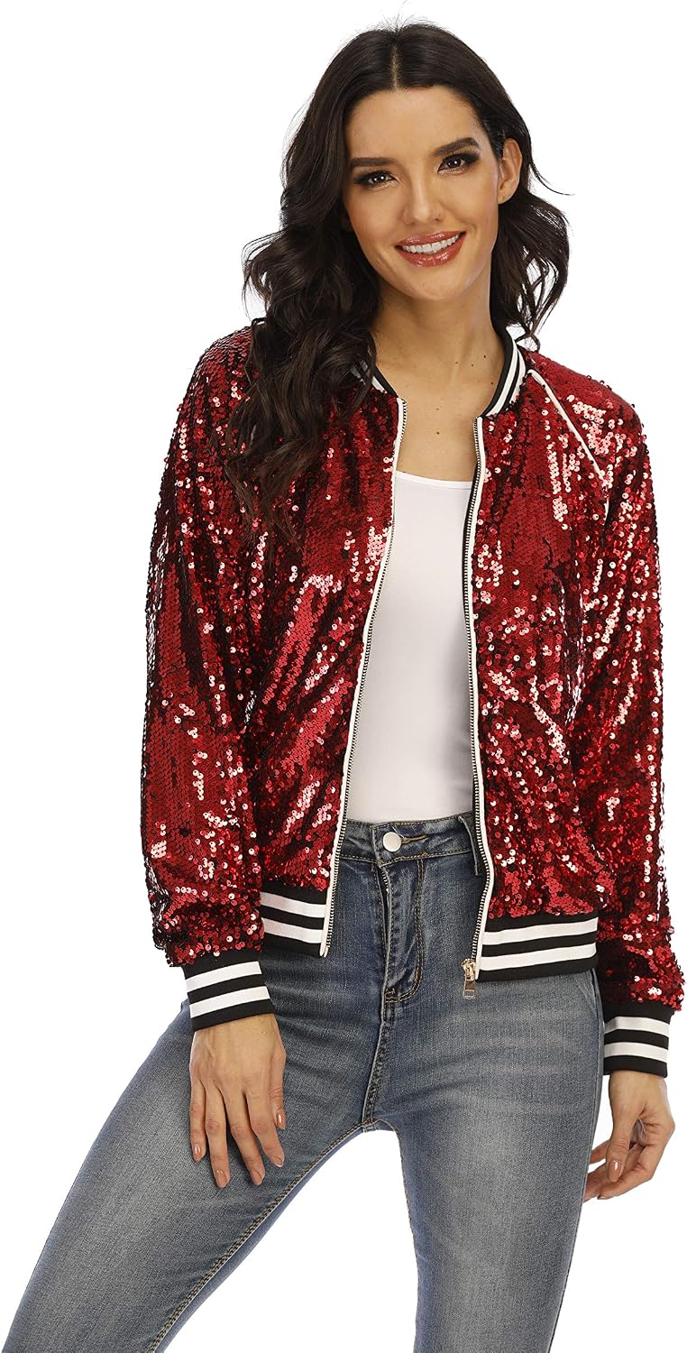 Women Zip Up Sequin Bomber Jacket Lightweight Coat for Daily & Party Wear image 3