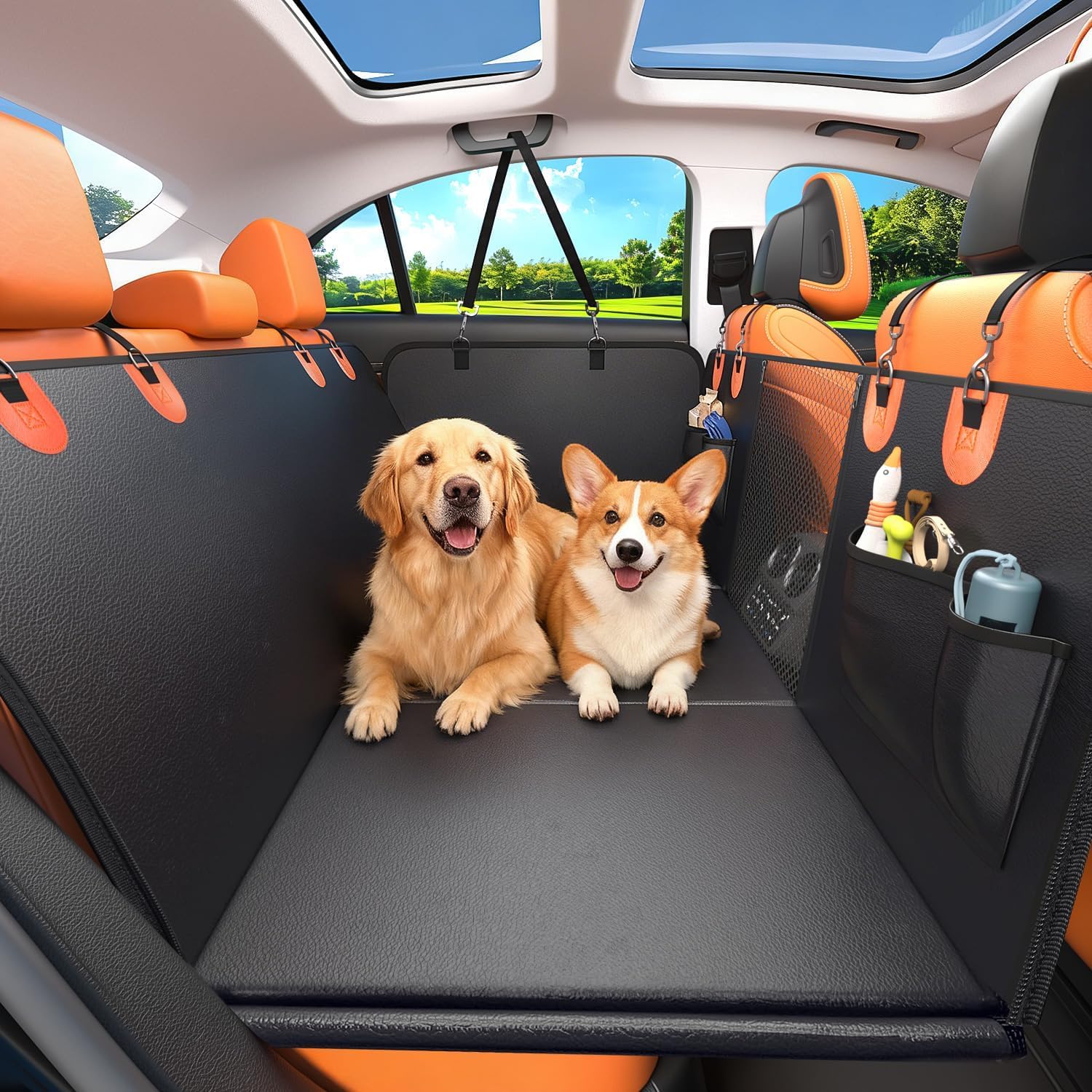 2-In-1 Heavy-Duty Hard Bottom Dog Hammock for Car, 100% Waterproof PU Leather Backseat Cover, Zipper Side Flaps, Non-Slip Extender for Large/Elderly Dogs & Multi-Dog Families,Fits Sedan/SUV/Med.Truck