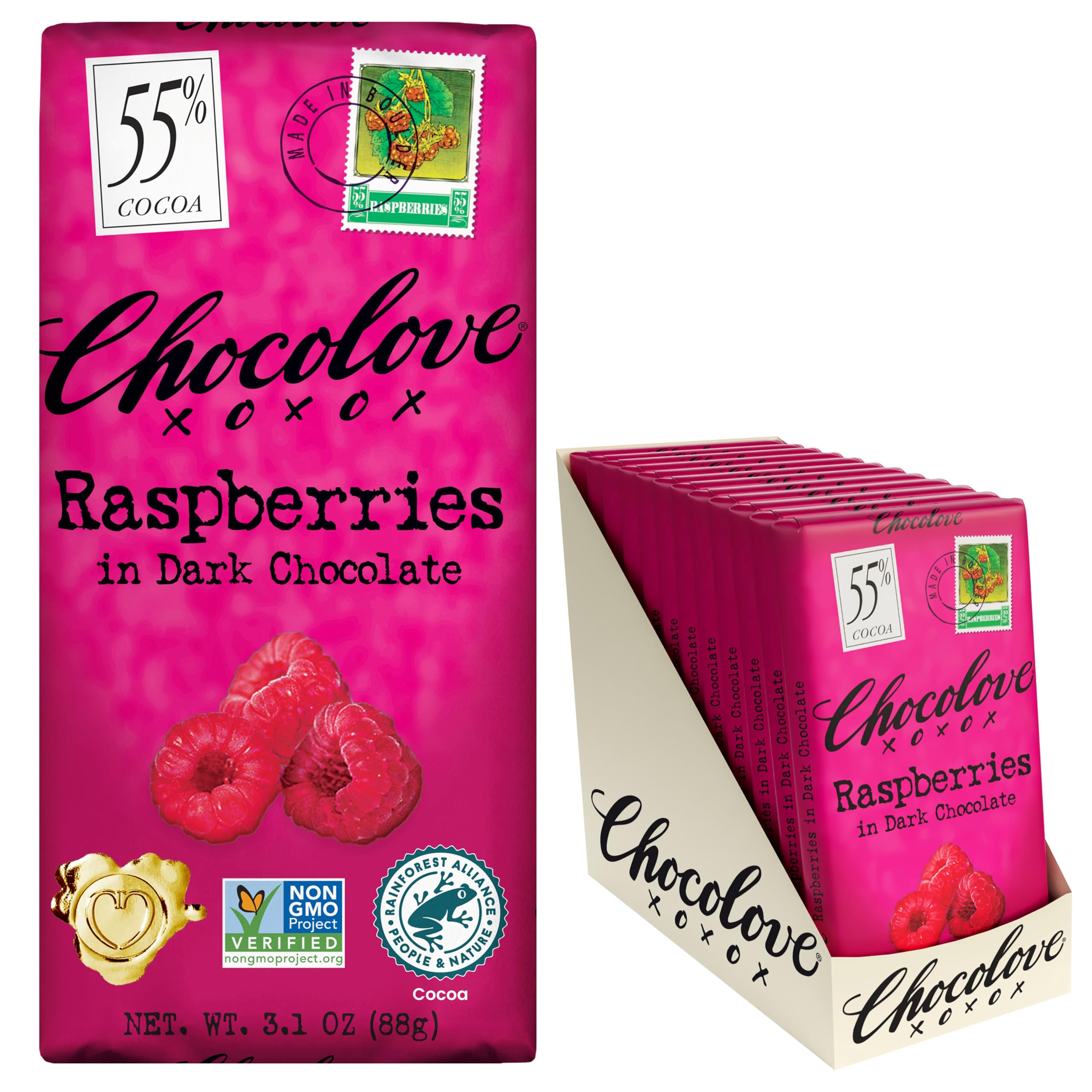 Chocolove Raspberries Dark Chocolate Bars | 55% Cocoa | Tangy Raspberry Bits | Smooth & Sweet | Premium Belgian Dark Chocolate | Non-GMO, 3.1 oz Bar (12 Pack)