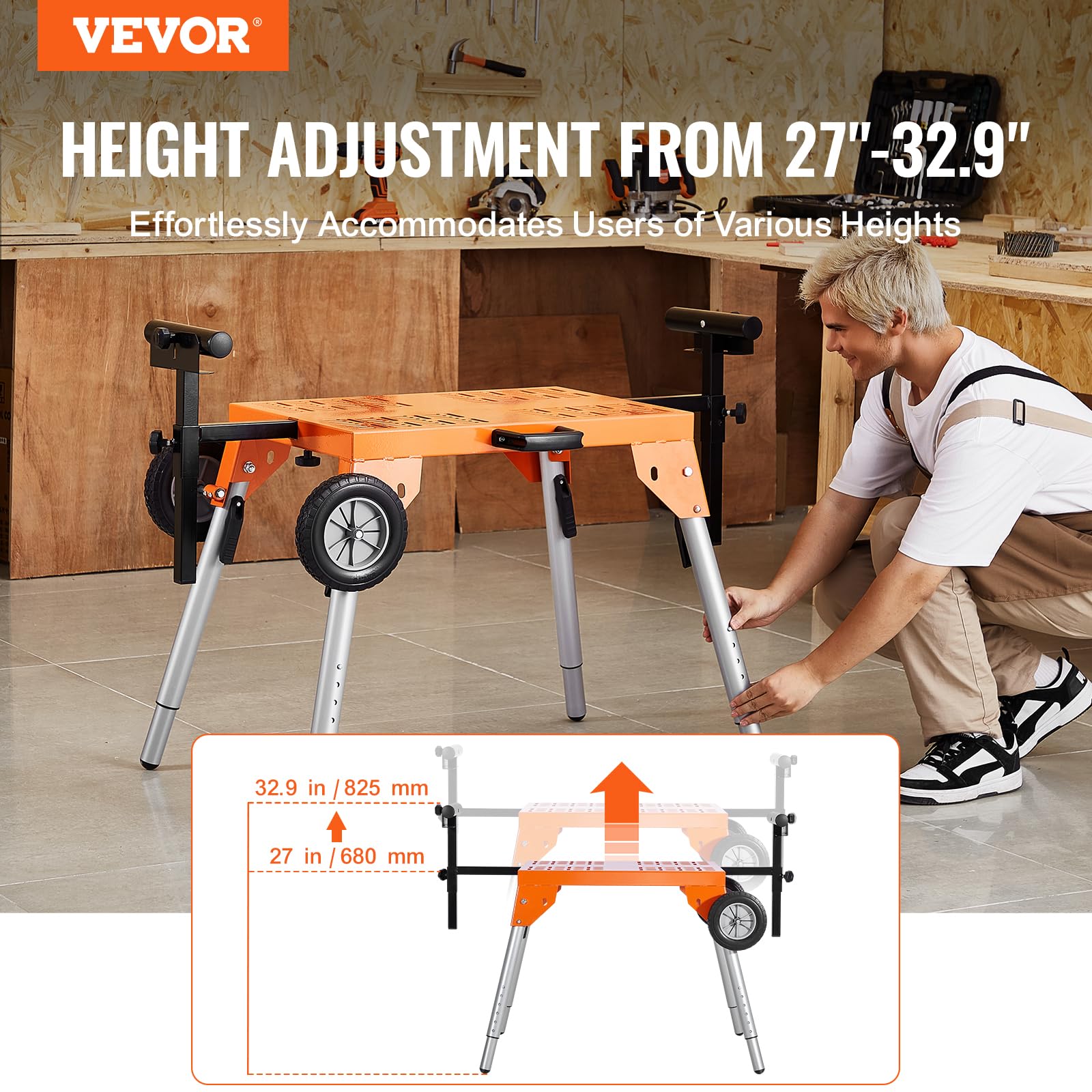 VEVOR Supporto per Troncatrice con Piano Tavolo e Ruote, Capacità di Carico 150 kg, Supporto Pieghevole in Acciaio per Troncatrici, Altezza e Lunghezza Regolabili, Supporto per Troncatrice Portatile