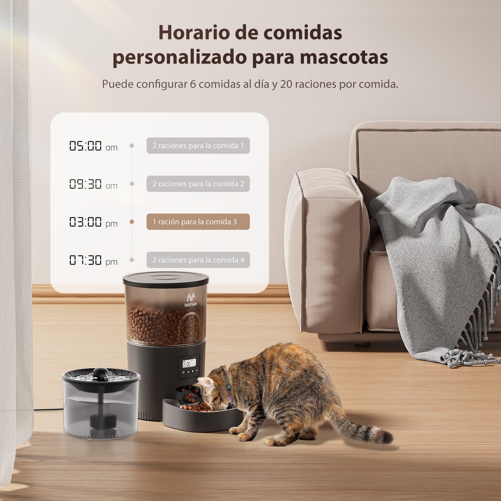 IMIPAW Comedero Gato Automatico y Fuente para Gatos Combo, Dispensador Comida para Perros, Gatos, 1-6 Comidas al Día, 1-20 Porciones por Comida, 3L Combo (Negro - Botón)