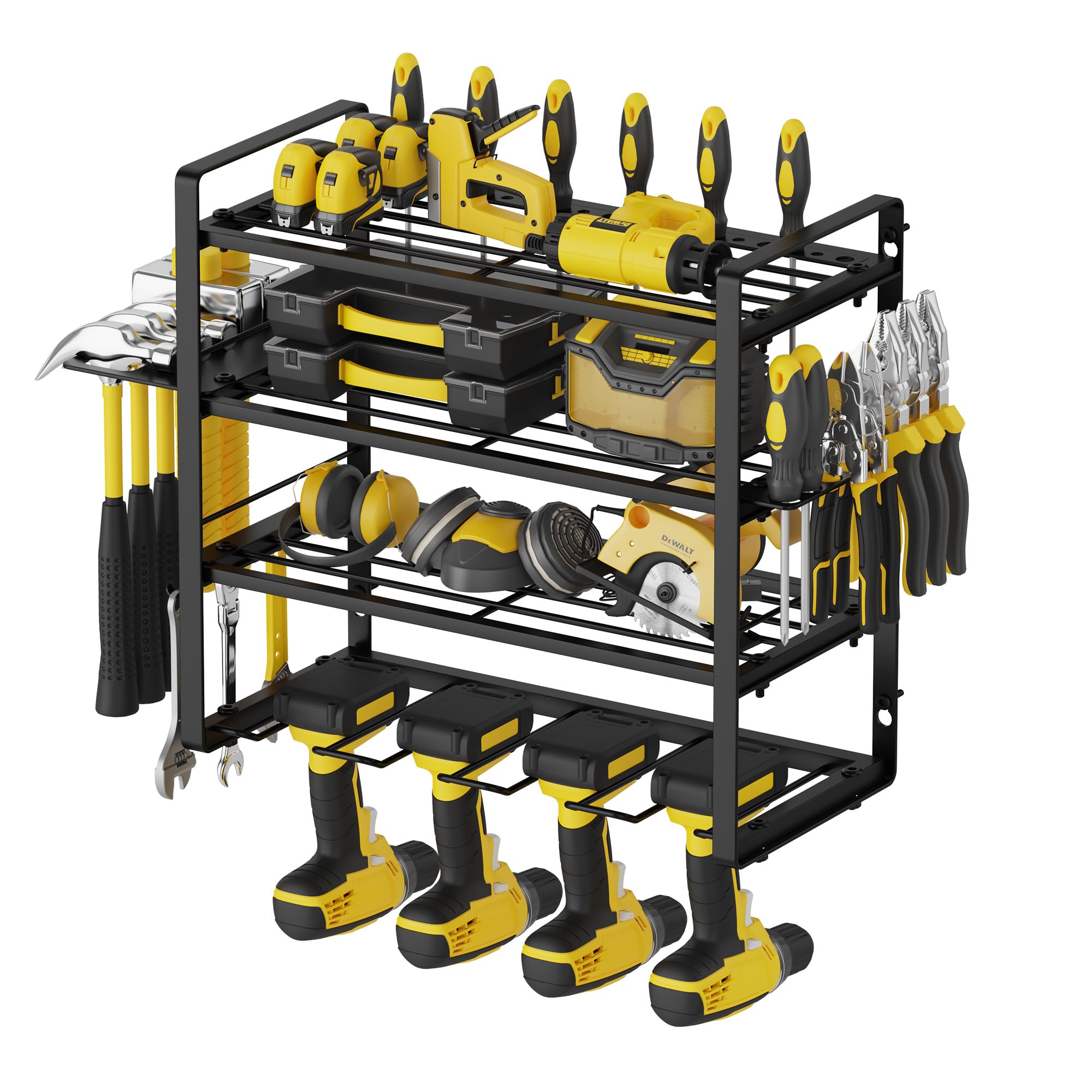AcornFort W-1701 4 Tier 40cm Solid Metal Heavy Duty Garage Tool Workshop Shed Rack Organiser with 4 Extra Add-on Drill Holders