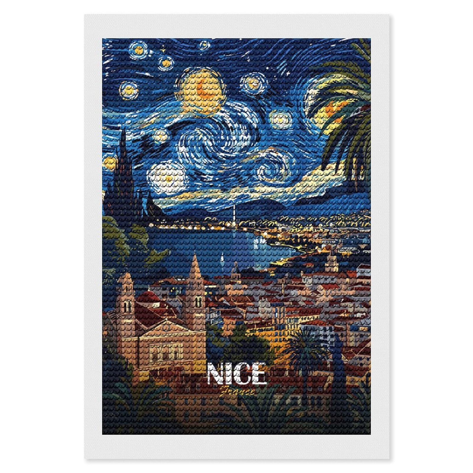 Junmoney Nice, France, Starry Night Inspired Art Diamond Art Canvas 8"x12", for Adults, Good for Quiet Evenings, Bedroom Decor, Festive Craft Gift, Easy to Enjoy
