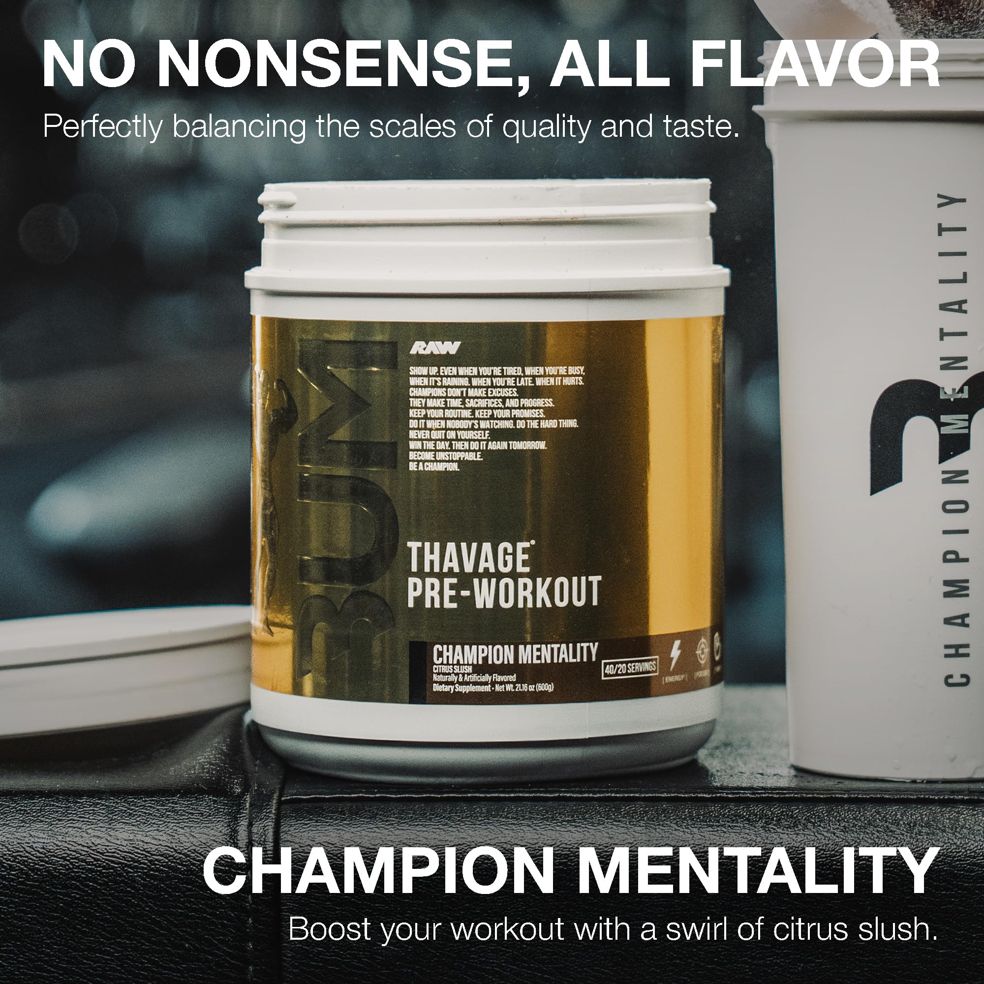 RAW Pre Workout Powder, Thavage (Champion Mentality) - Chris Bumstead Sports Nutrition Supplement for Men & Women - Cbum Pre Workout for Working Out, Hydration, Mental Focus & Energy - 40 Servings — Amazon image 3