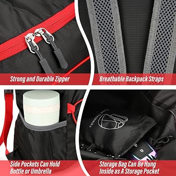 2 Pcs Ultra Lightweight Backpack, Foldable Backpack Water Resistant Travel Rucksack, Multi-Functional Foldable Backpacks Womens Men For Camping, Hiking, Biking(Black Grey)