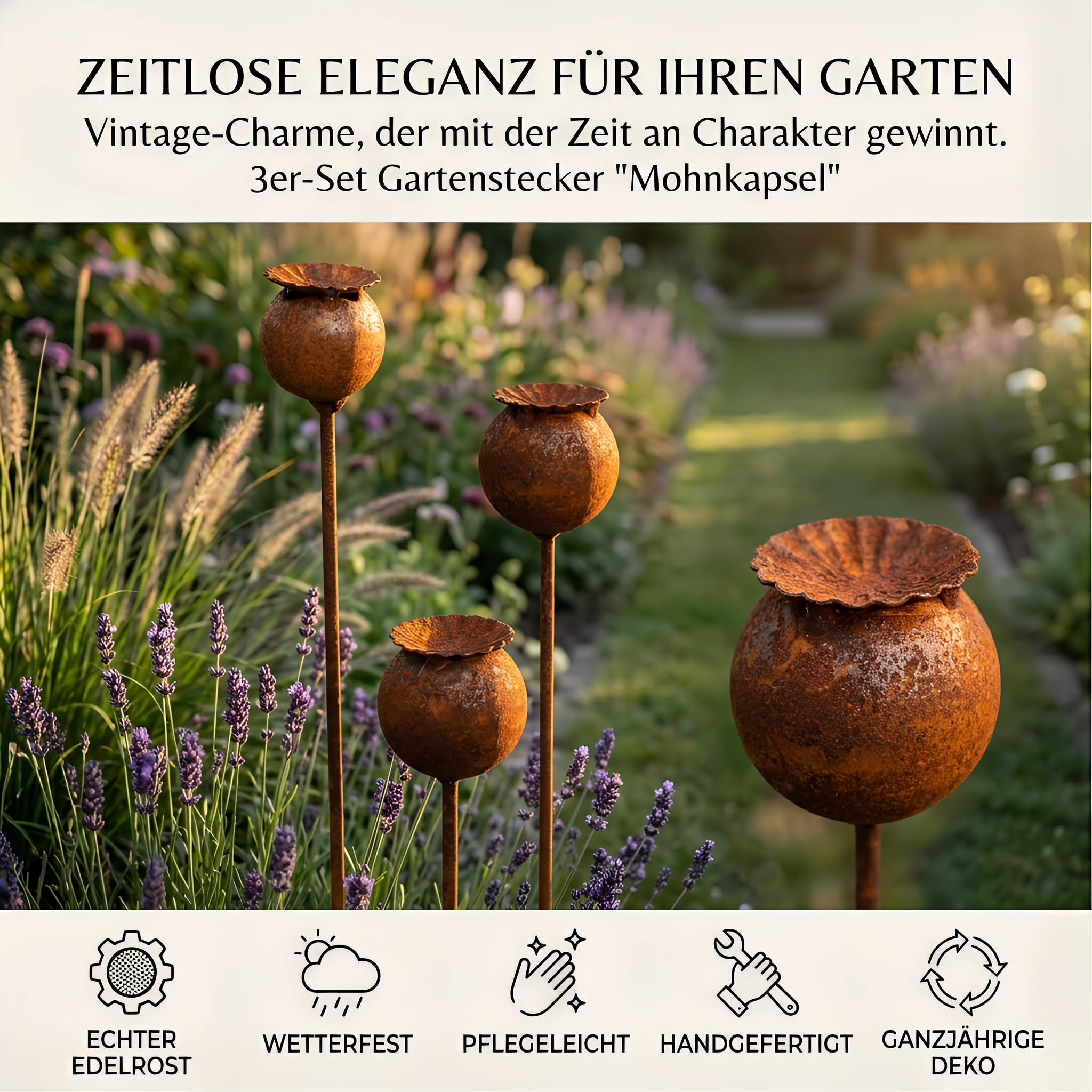 Gartenstecker Rost Deko Mohn Mohnkapsel Metall Rost Gartendeko Edelrost für Frühling, Garten, Wohnzimmer, Balkon (3er Set Mohnkapsel A)
