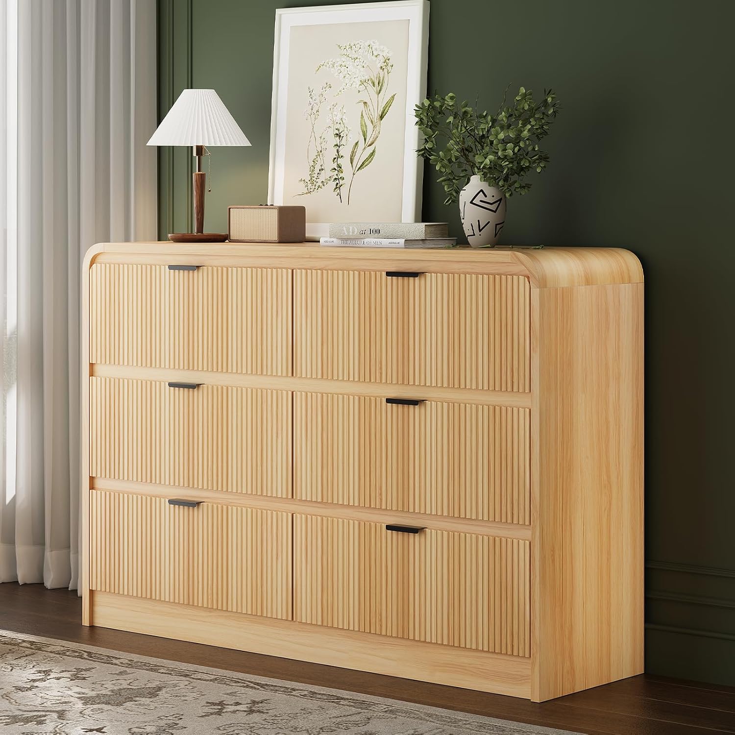 FURSUN 54" Wide Fluted 6 Drawer Dresser for Bedroom, Large Storage Wooden Dresser with Curved Profile & Metal Handles, Modern Chest of Drawers for Living Room, Natural Oak - Image 8