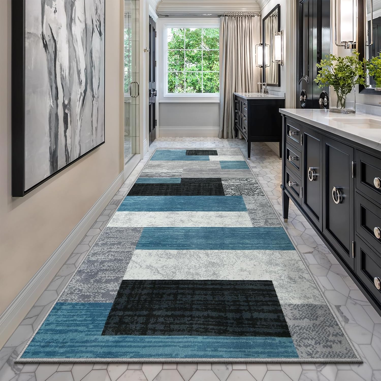 Indoor Runner Rug, Washable Runner Rug with Rubber Backing, Modern Geometric Patchwork Aesthetic Carpet for Bedroom, Living Room, Hallway, Entryway, Washable Rug Rockwood Collection, 2x6 Ft Blue