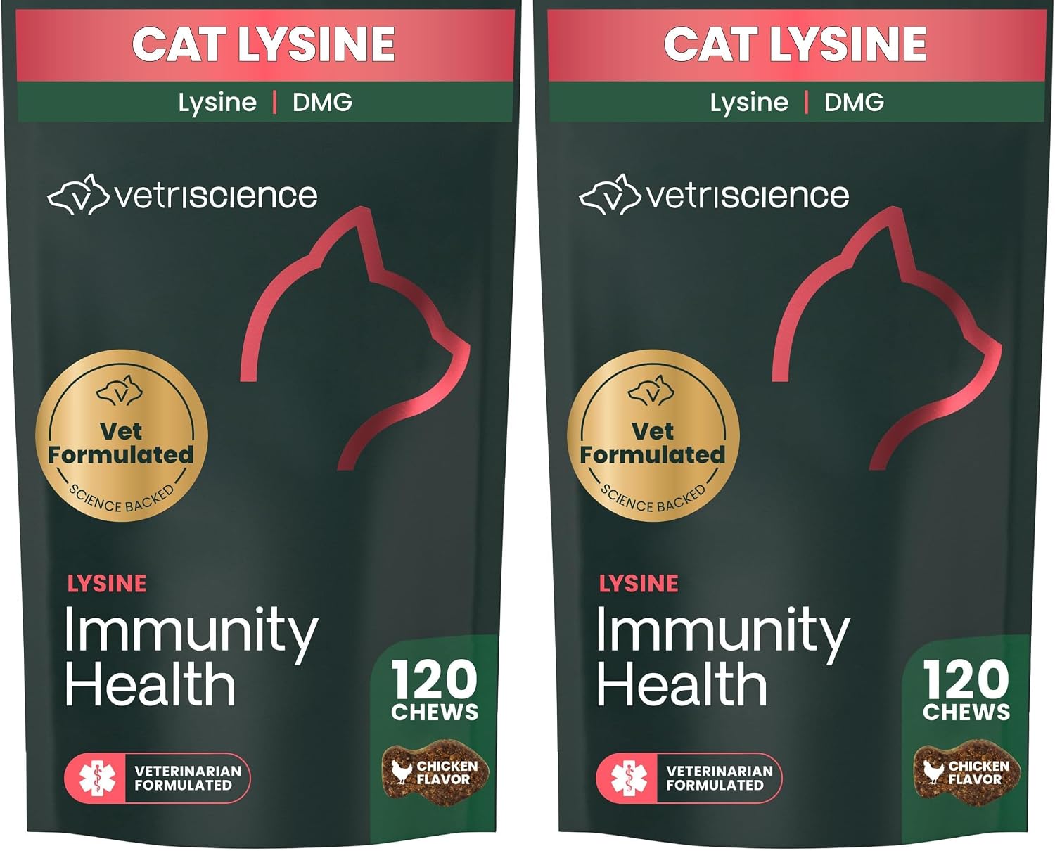VetriScience Lysine Immunity Health Chews, 250 mg Lysine Plus Immune Supplement for Cats and Kittens with Allergies, Sneezing, Runny Nose and Watery Eyes, Chicken, 120 Count (Pack of 2)