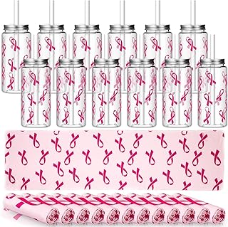 Tudomro 12 sets Breast Cancer Awareness Gifts Plastic Tumblers Reusable Cup with Lid and Pink Ribbon Cooling Towel Breast Cancer Survivor Gift Awareness Accessories for Women party Supplies(Classic)