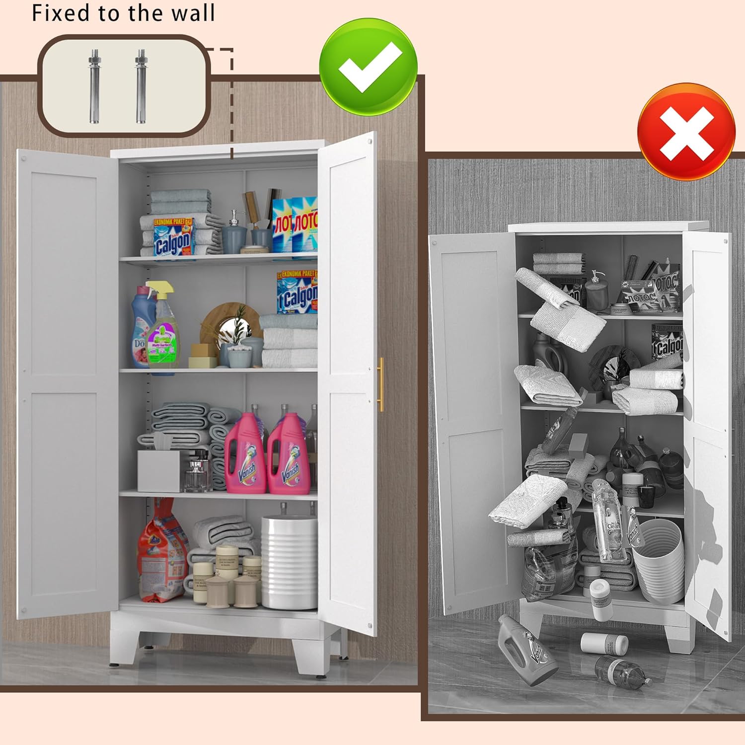 White Metal Pantry Cabinet with 2 Doors and Adjustable Shelves, 61" Kitchen Storage cabinets with Gold Handles, Versatile Storage for Laundry/Living/Dinning Room, Bathroom,Utility Room