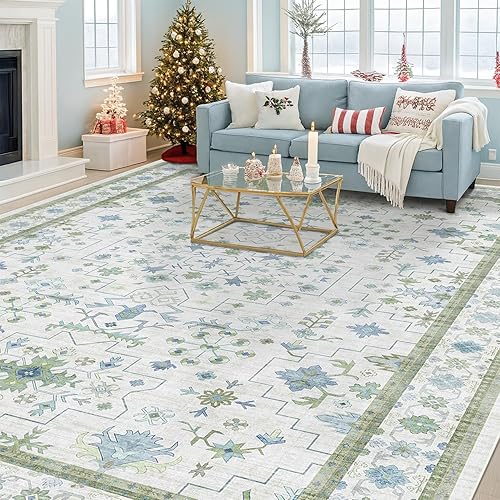 Vista 8 de Blue and Green Living Room Rug 8x10 - Cream Oushak Vintage Boho Floral Farmhouse, Washable Low Pile Non-Slip Extra Large Area Rugs for Bedroom