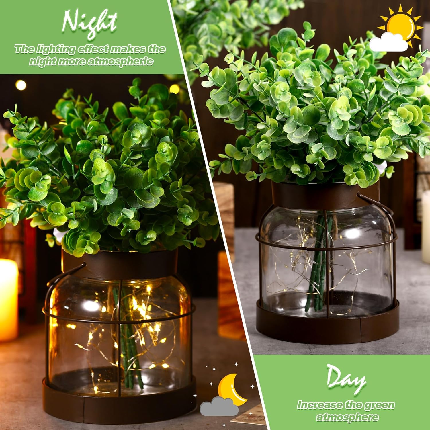 2 Set Vintage Glass Vase Rustic Farmhouse Lantern Decor with Artificial Plants Lights Decorative Clear Vase for Home Decor Floral Arrangement Dining Table Centerpieces(Eucalyptus Leaf) - Image 4