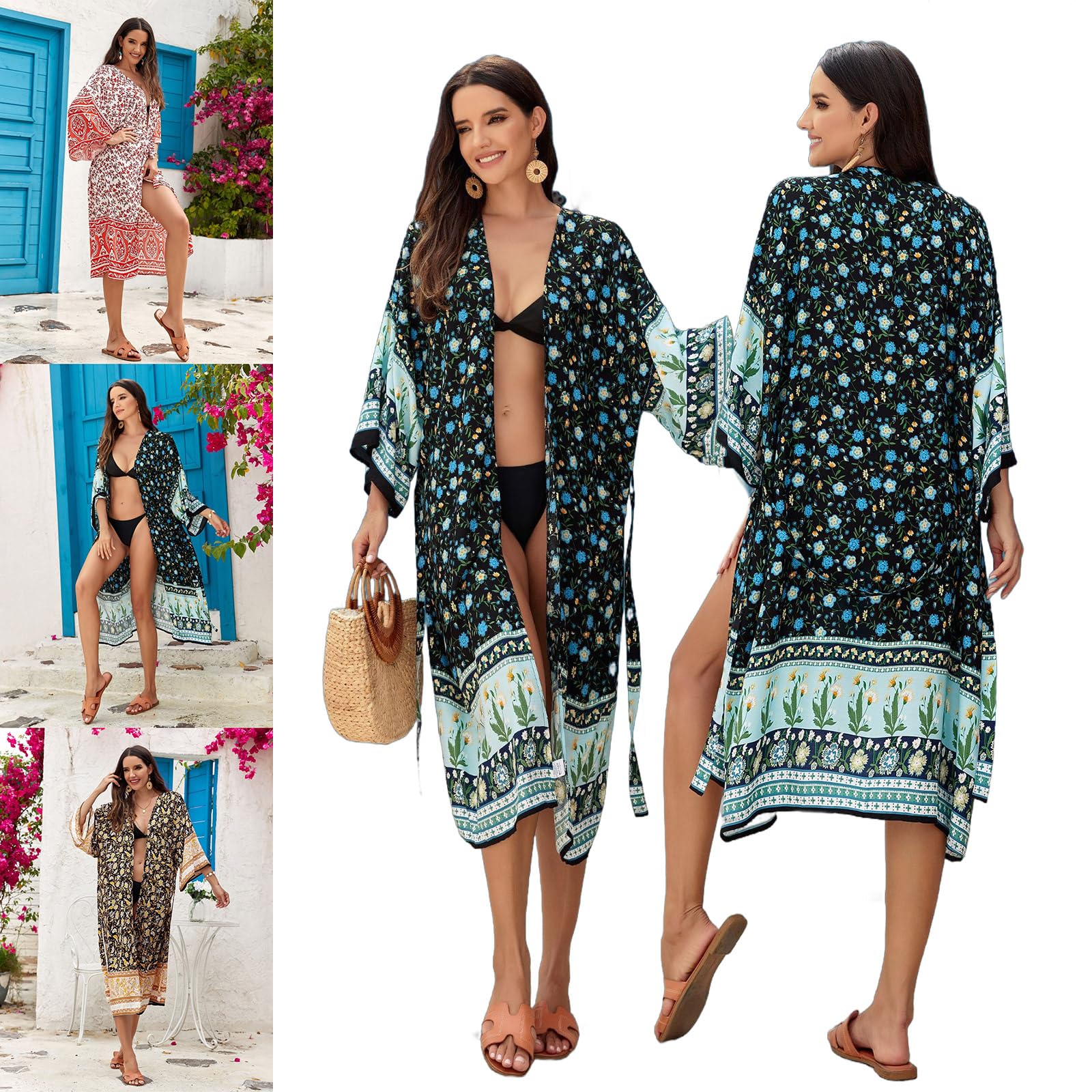 Cárdigan tipo kimono para mujer, con parte delantera abierta, para playa, vacaciones, traje de baño con protección solar, vestido de chal con cinturón