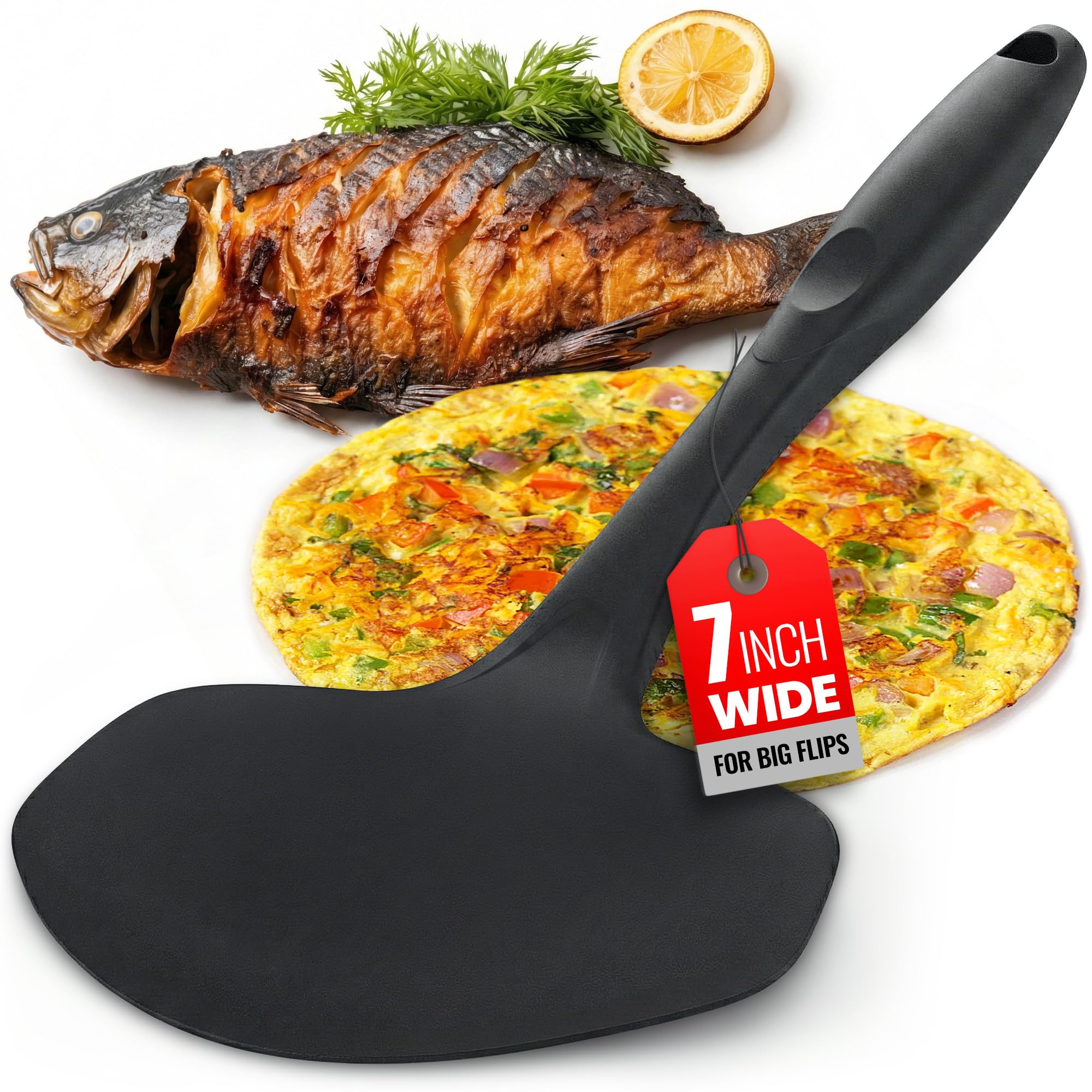 Kitchen Discovery Black Flexible Extra Wide Spatula – – 7 Inch Wide Egg Flipper Pancake Turner For Fried Eggs, Pancakes, Omelets, And Fish – Cooking Nylon Spatula For Nonstick Cookware