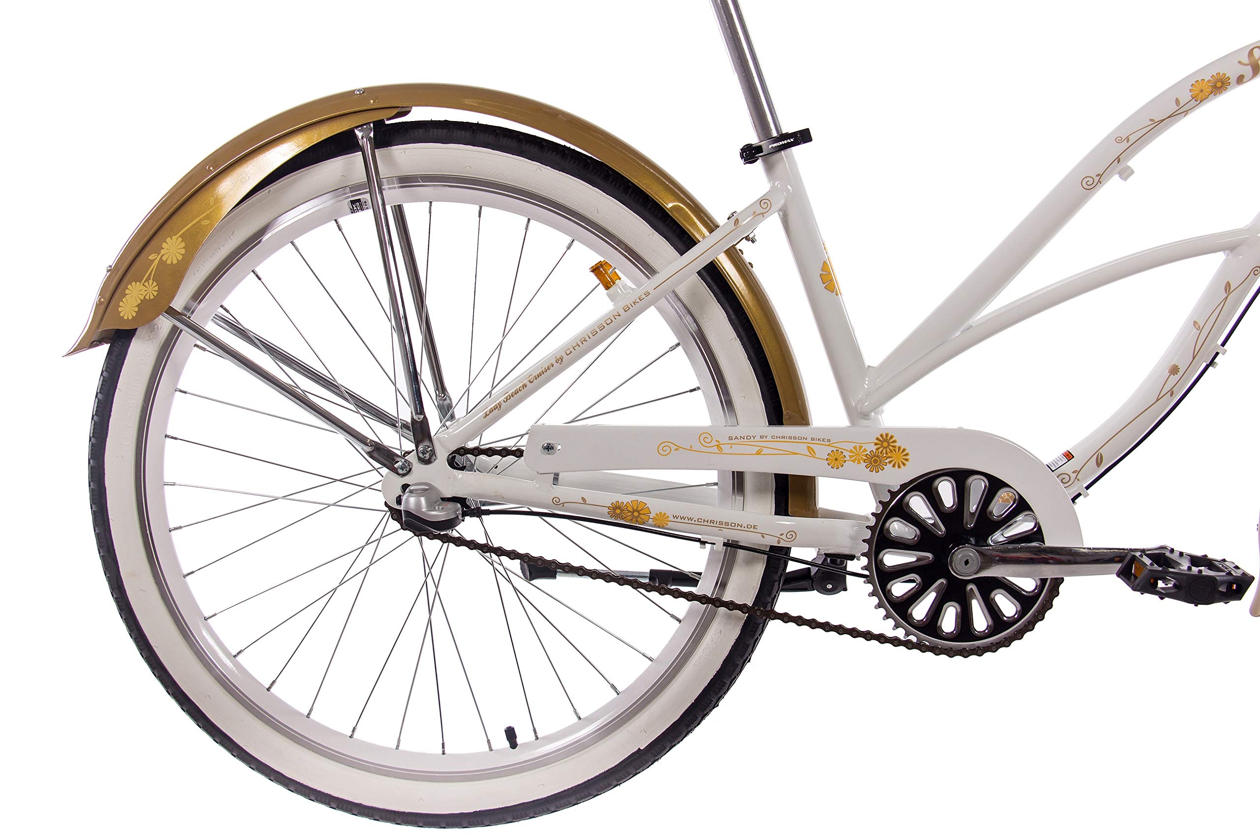 CHRISSON 26 Zoll Beachcruiser Sandy Weiss Gold mit 3 Gang Shimano Nexus Nabenschaltung, Damenfahrrad im Retro Look, Vintage Cruiser Bike