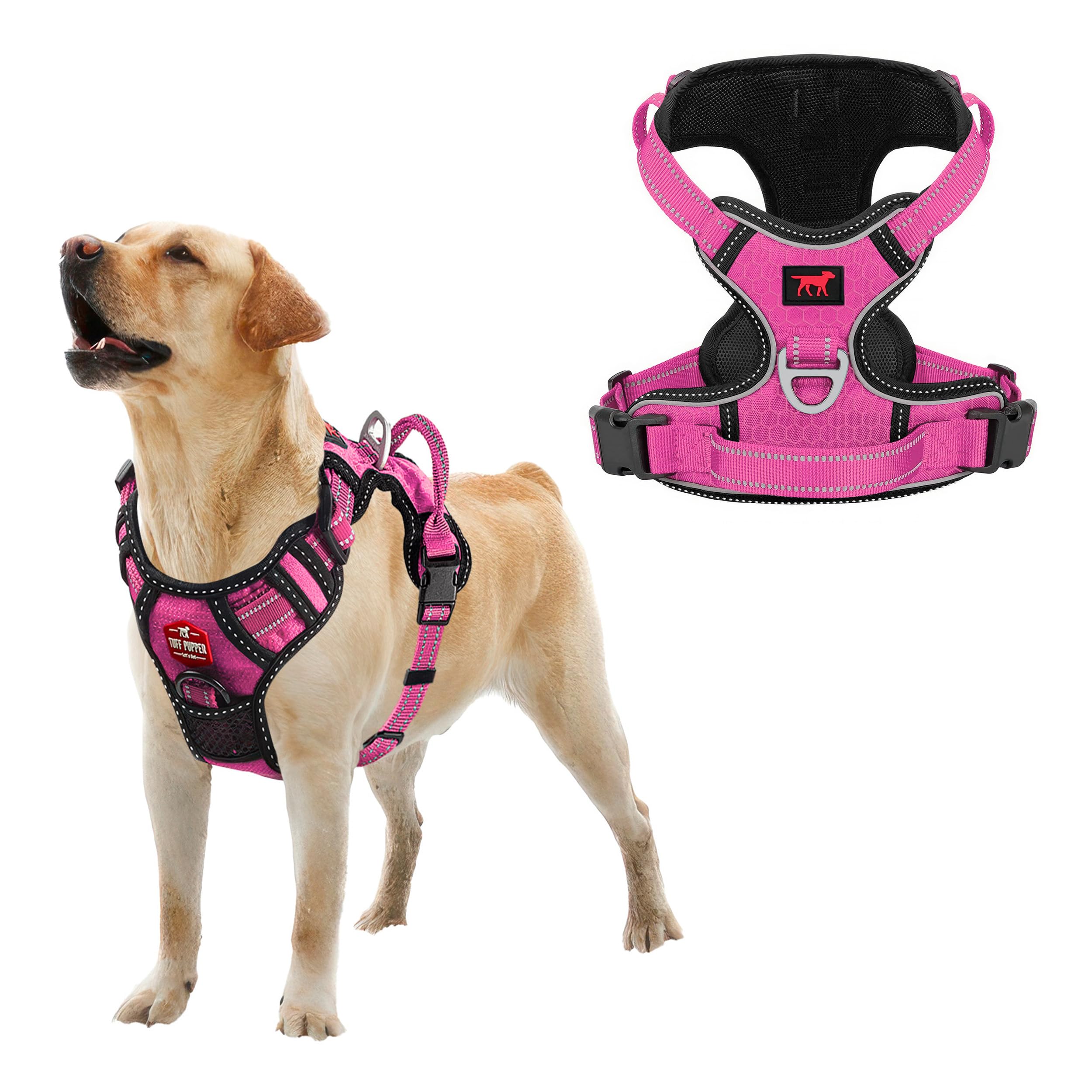 Tuff Pupper No Pull Easy Walk Dog Harness | Heavy Duty Pet Vest | Front & Back Leash Clips | Strong Safety Handle | Reflective Anti Pull Vest | Comfortable Padded Escape Proof Harness (Large, Pink)