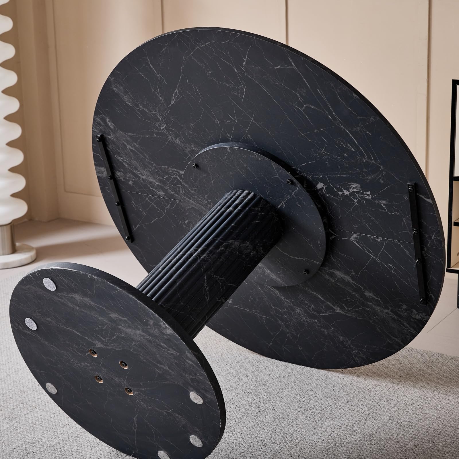 Runder Esstisch mit zylindrischen Tischbeinen, Marmoroptik, Moderner Minimalistischer Esstisch für Wohnzimmer oder Küche, 115 x 115 x 75 cm – Schwarzer Marmor
