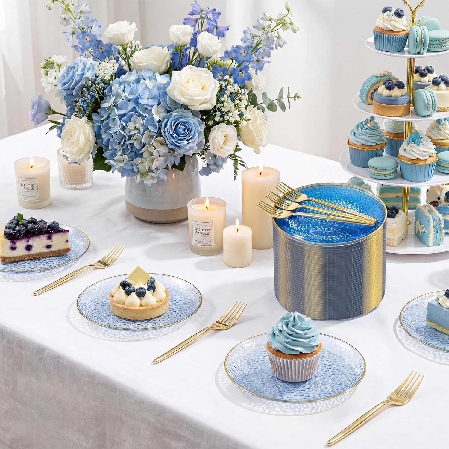 Rubtlamp 200 Pcs Blue Dessert Plates, 6 Inch Gold Rim Hammered Appetizer Plates WIth Gold Dessert Fokrs, Small Fancy Salad Plates Include 100 Cake Plate 100pcs 6inch Forks for Party Bridal Teatime