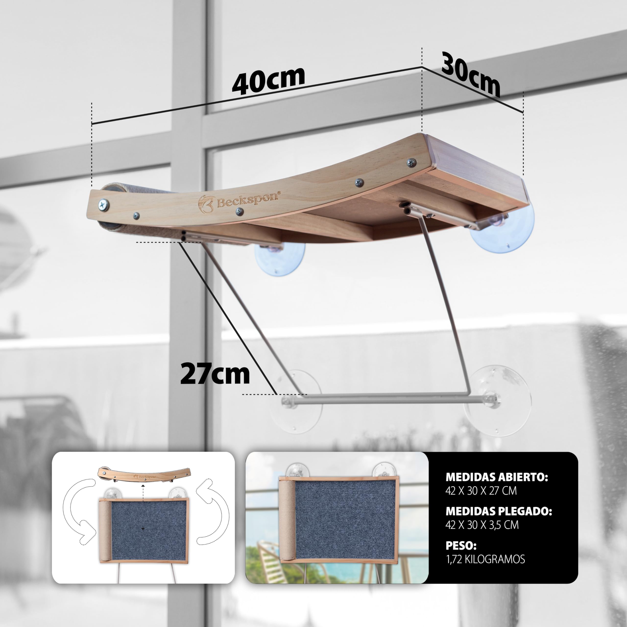 Hamaca para Gatos Con Rascador Integrado | Plegable | Cama Colgante para Ventana | Soporta Hasta 20kg | Color Grey