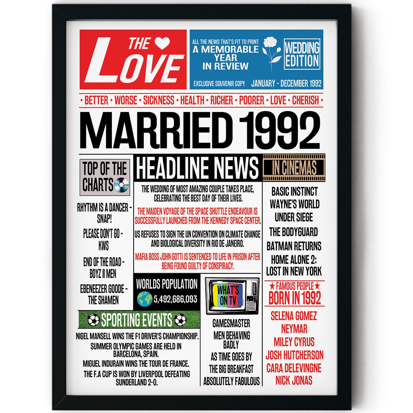 Stuff4 Men's 1992 34Th Anniversary Poster Framed - Married In Newspaper - Happy 34Th Wedding Anniversary For Wo Vintage Gifts Retro Back In 8X10 Inch Anniversaries Posters