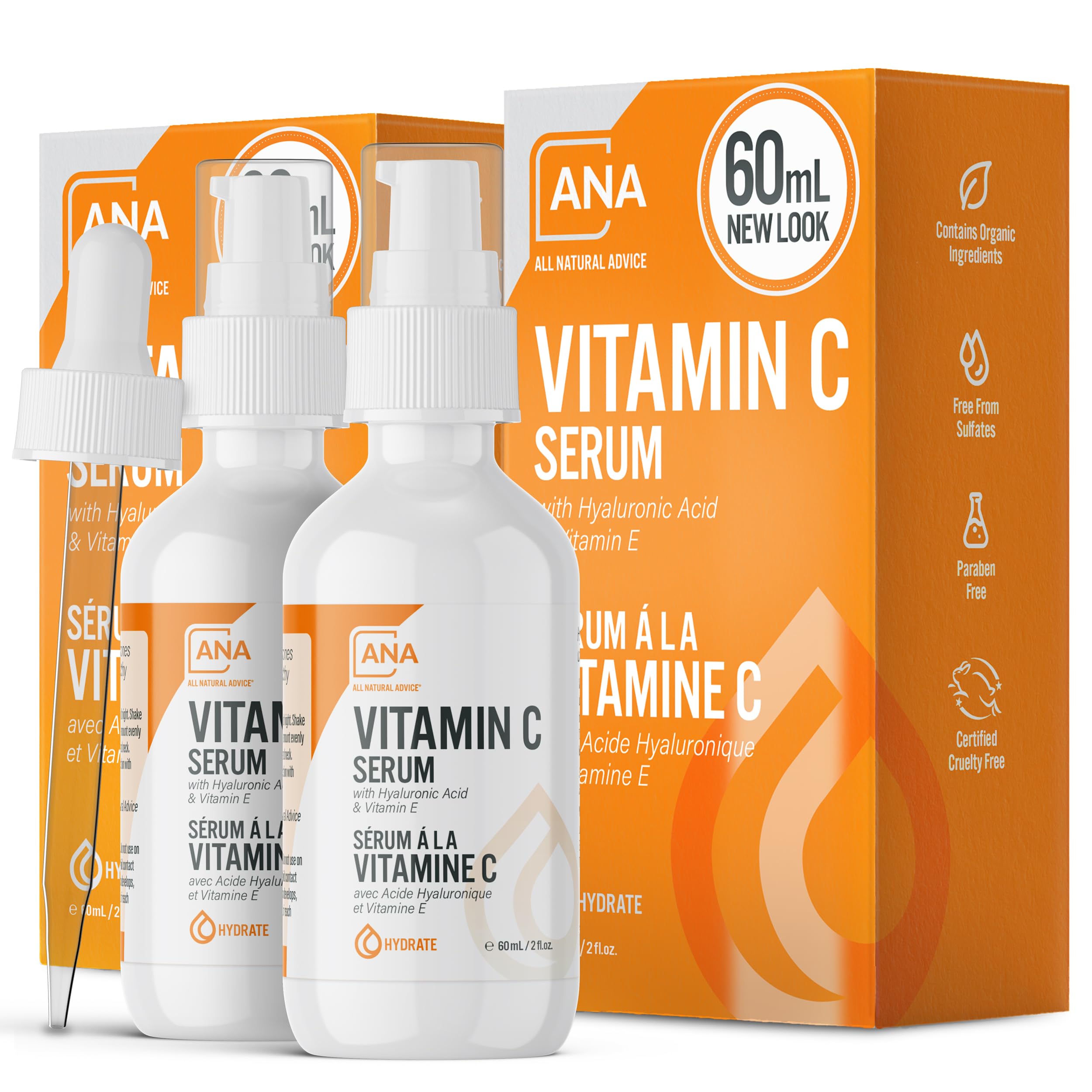 All Natural Advice Vitamin C Serum 120mL | 20% Vitamin C Face Serum Solution with Organic Botanicals, Hyaluronic Acid & Vitamin E | UV-Shielding Glass, Spray & Dropper | Includes 2, 60mL Bottles