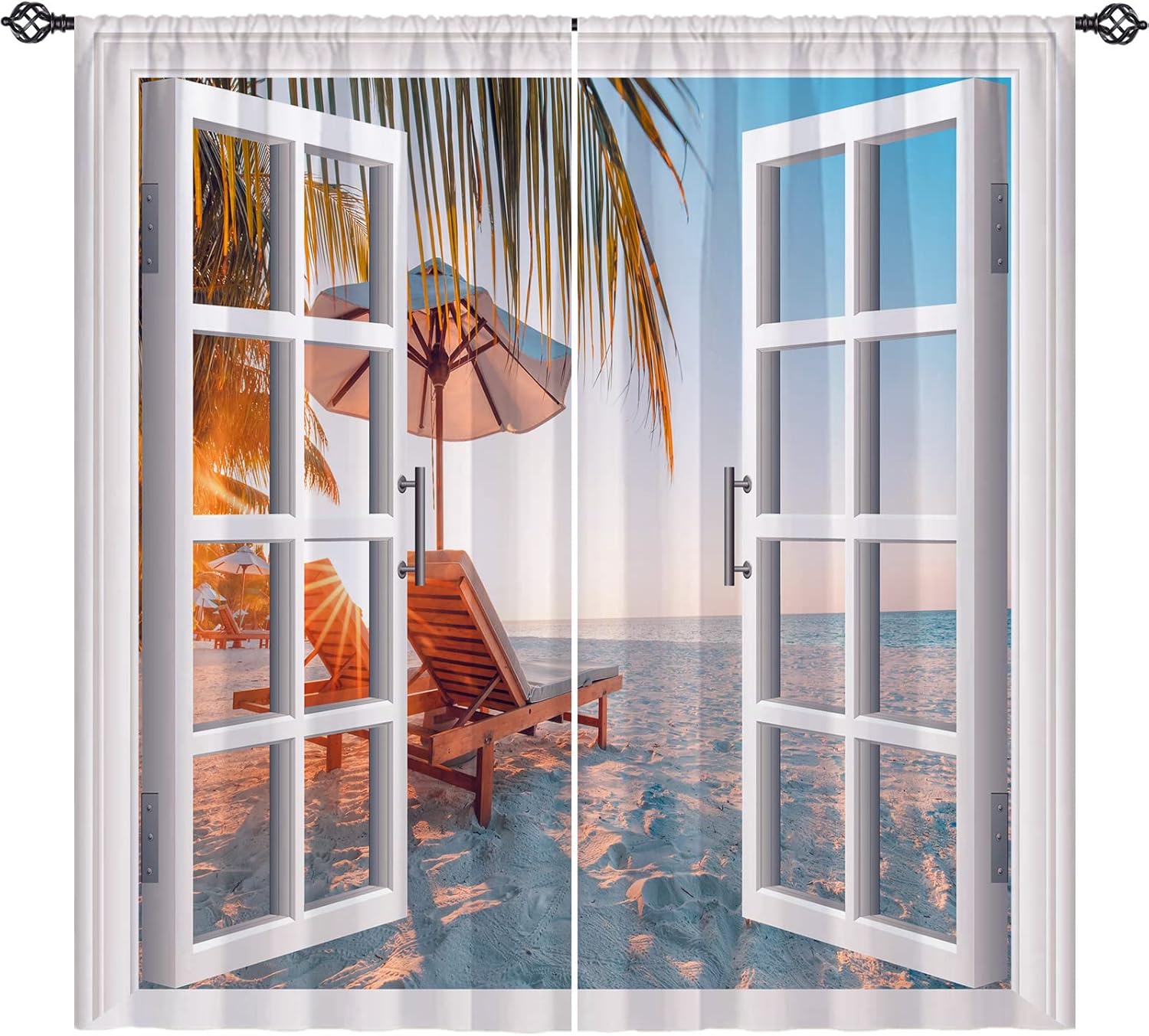 ANHOPE Beach Blackout Curtains Open Window with Tropical Ocean Palm Tree Recliner Sunset Print Pattern Rod Pocket Room Darkening Window Drapes for Bedroom Living Room 2 Panels 42 x 84 Inch