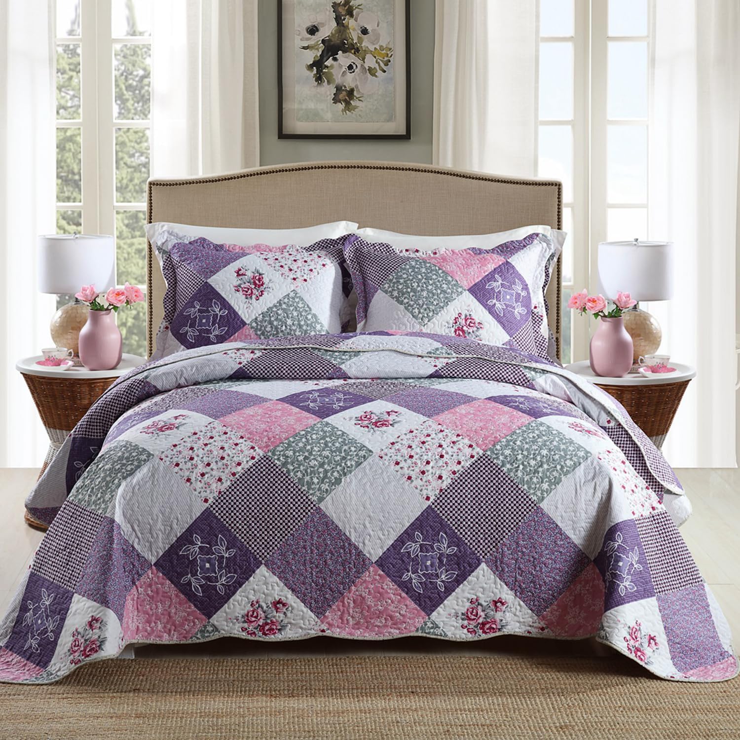 Qucover Cubrecama Patchwork para Cama 150 180,Colcha nordica bouti de piqué,Manta con Fundas de Almohada,Retazos Reversible para Matrimonio Verano King Size (Patchwork Púrpura, 230x250cm+50x70cm*2)