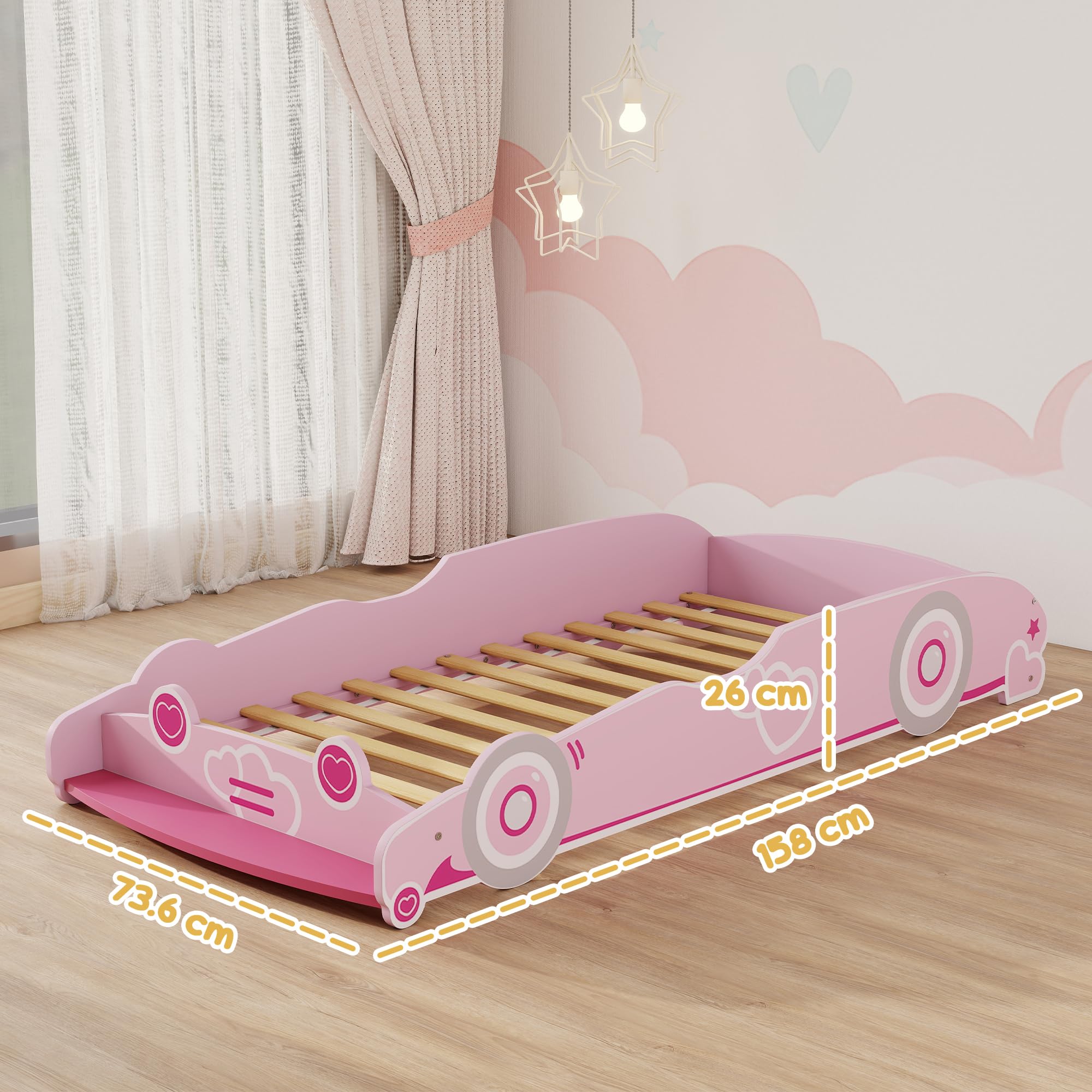 AIYAPLAY Letto per Bambini a Forma di Macchina, Lettino per Bambini da 3-5 Anni con Sponde Rialzate di Sicurezza, 140x70 cm, Rosa