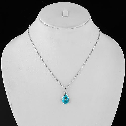 Miniatura 5 de Solid 925 Sterling Silver Necklace - Natural Blue Turquoise Gemstone Bezel Pendant - Designer Boho - Handmade - Elegant Jewelry - Minimalist - Gift