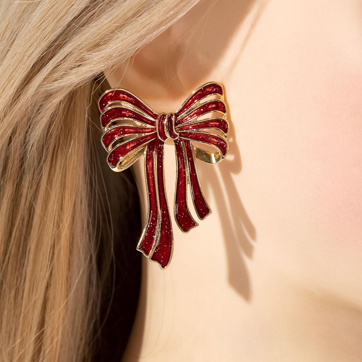 Red Green Christmas Bow Earrings for Women Bowknot Stud Earring Cute Xmas Dangle Earrings Christmas Jewelry - Image 2