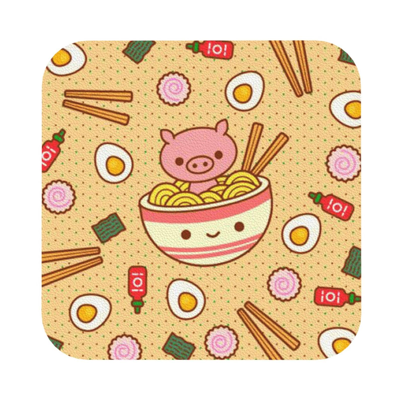 Delicious Sweet Ramen PU Leather Coasters Set of 6 Square Drink Coasters