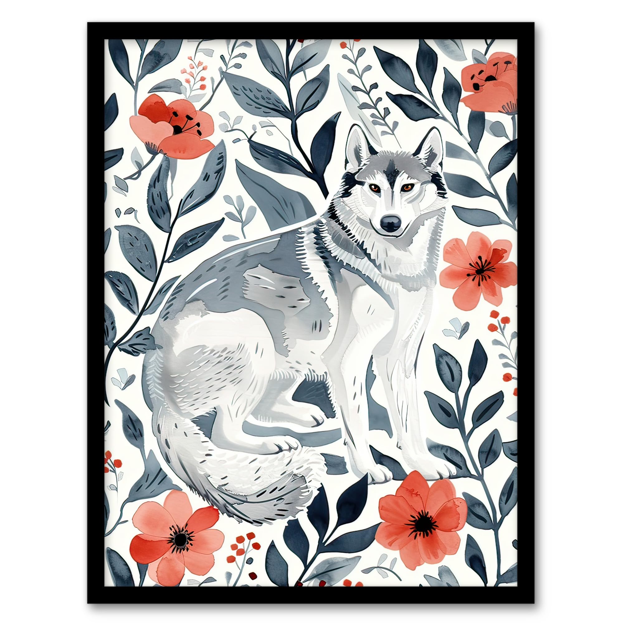 Artery8 Siberian Husky in Poppy Flower Pattern Dog Lover Living Room Artwork Framed Wall Art Print A4