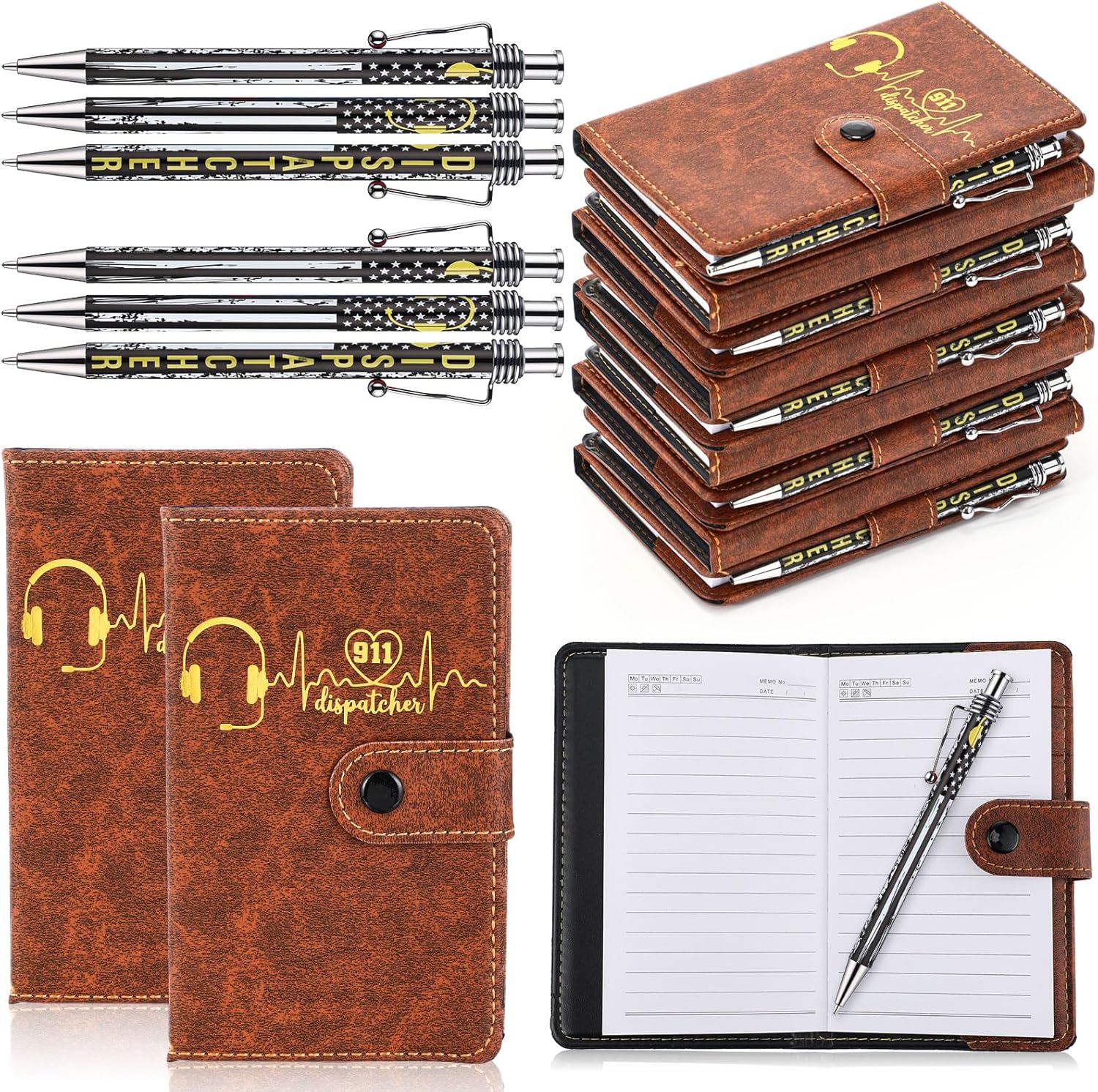 Ctosree 15 Sets 911 Dispatcher Gifts Bulk Pocket Leather Notebooks with Yellow Flag Pens for Telecommunicator Week Dispatcher Appreciation Gifts Lined Small Journal Office Supplies Accessories