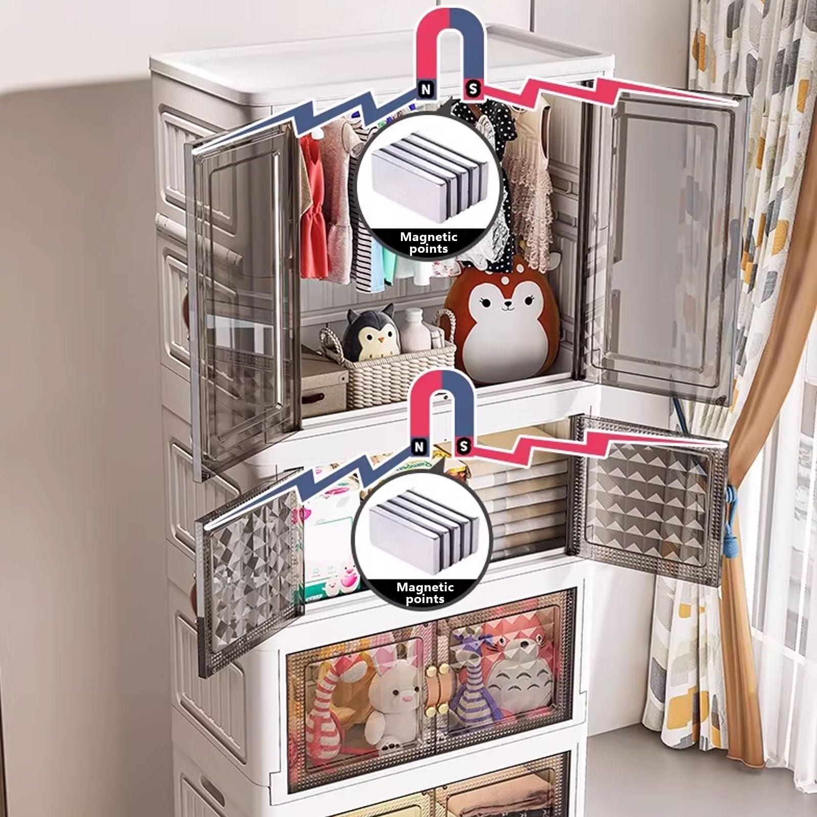 Organizer pieghevole con ruote e ante magnetiche, armadio trasparente, 6 scomparti modulari, combinabile liberamente